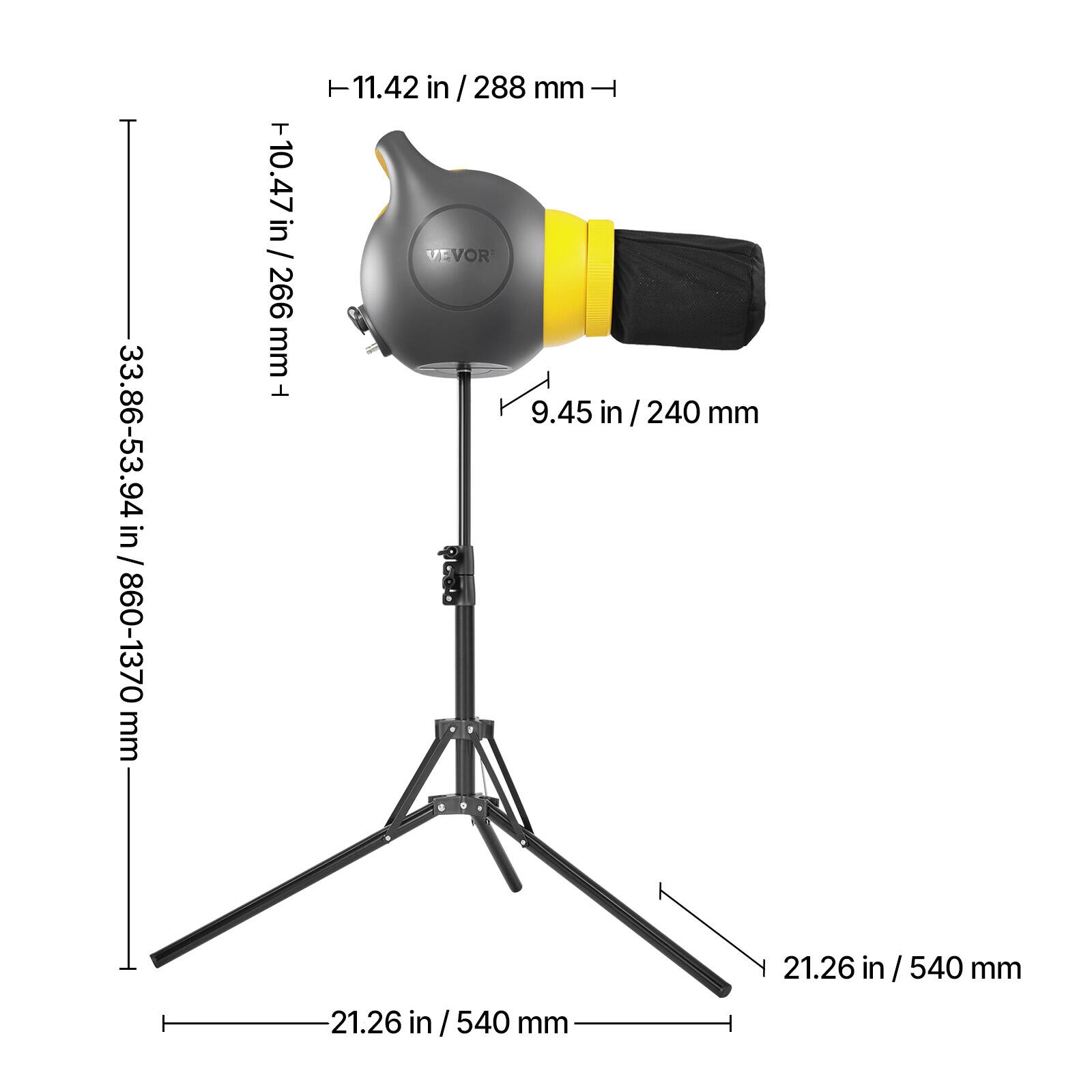 - 33.86-53.94 in / 860-1370 mm
- 10.47 in / 266 mm
- 11.42 in / 288 mm
- 9.45 in / 240 mm
- 21.26 in / 540 mm