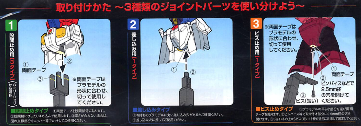 The text in the image appears to be instructions for assembling a model kit. Here is the corrected and grouped text:

---

**1. 股間用3タイプ**

1. 両面テープ
2. ピンバイス

*両面テープはプラモデルの形状に合わせ、切って使用してください。

**2. 差し込みタイプ**

1. 差し込みタイプ
2. ピンバイス

*差し込みタイプは、差し込み部分に差し込んで固定してください。

**3. ピンバイスタイプ**

1. 両面テープ
2. ピンバイス
3. 2.5mm穴を開けて

*両面テープはプラモデルの形状に合わせ、切って使用してください。
*ピンバイスは、ピンバイス等を取り付け部分に2.5mm径の穴を開けて固定してください。

---

This text provides instructions for using different types of joint parts (types 1, 2, and 3) with adhesive tape and pin vises.