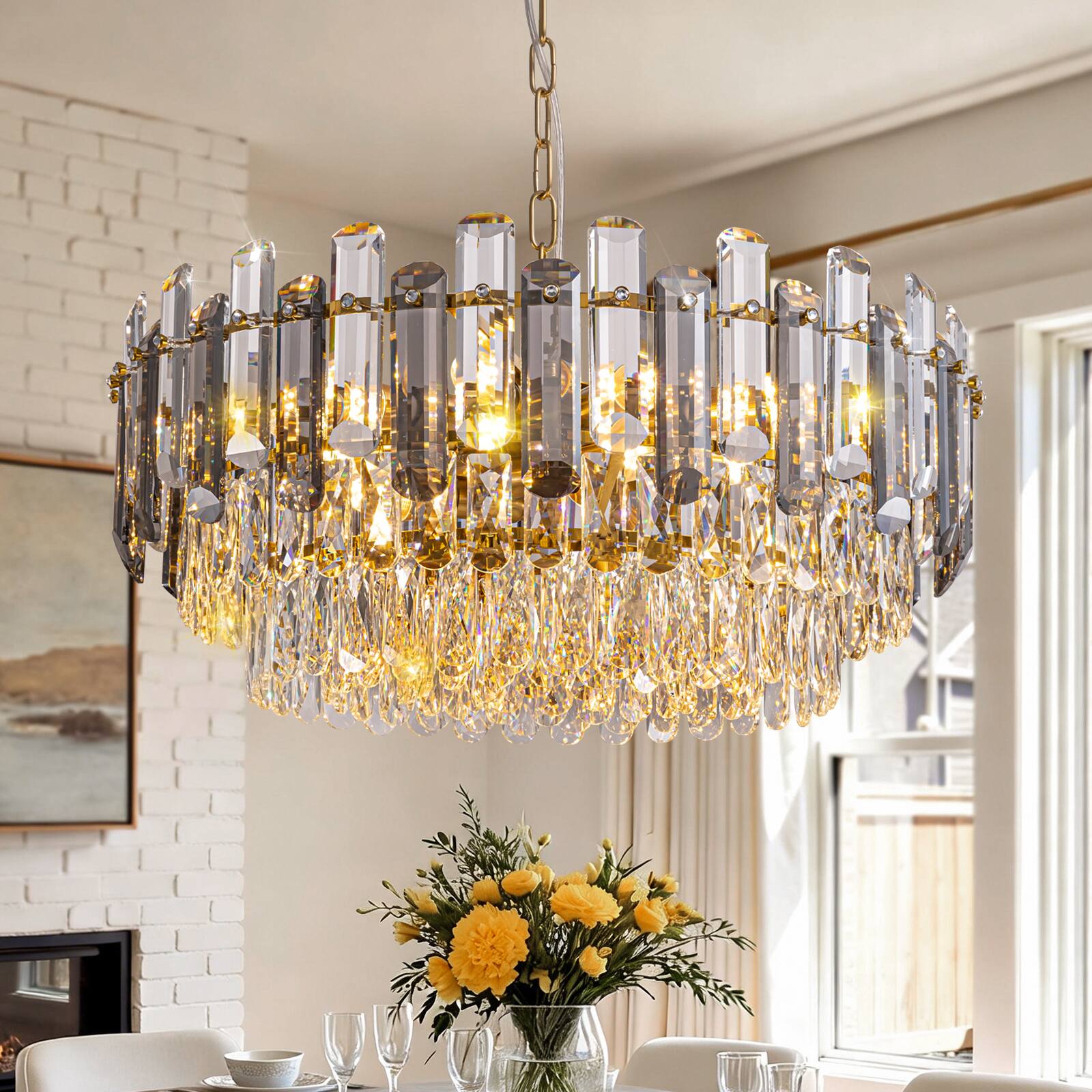 Angle. Siljoy - 23.6-inch 13-Light Modern Crystal Empire Chandelier, Antique Gold Brass Ceiling Light for Bedroom and Foyer - Gold Brass.