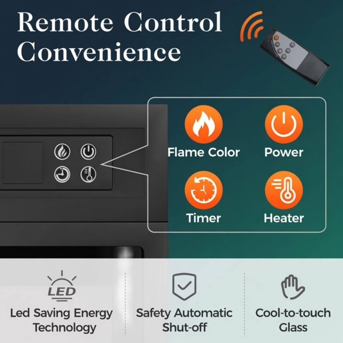 Remote Control Convenience

- Flame Color
- Power
- Timer
- Heater

LED Saving Energy Technology

- Safety Automatic Cool-to-touch Shut-off Glass