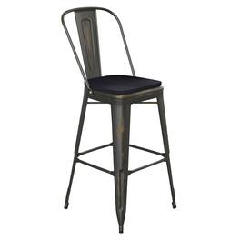 Emma + Oliver - Nova Distressed Metal Stools with Backs and Polystyrene Seats for Indoor/Outdoor Use - Black Seat/Copper Frame