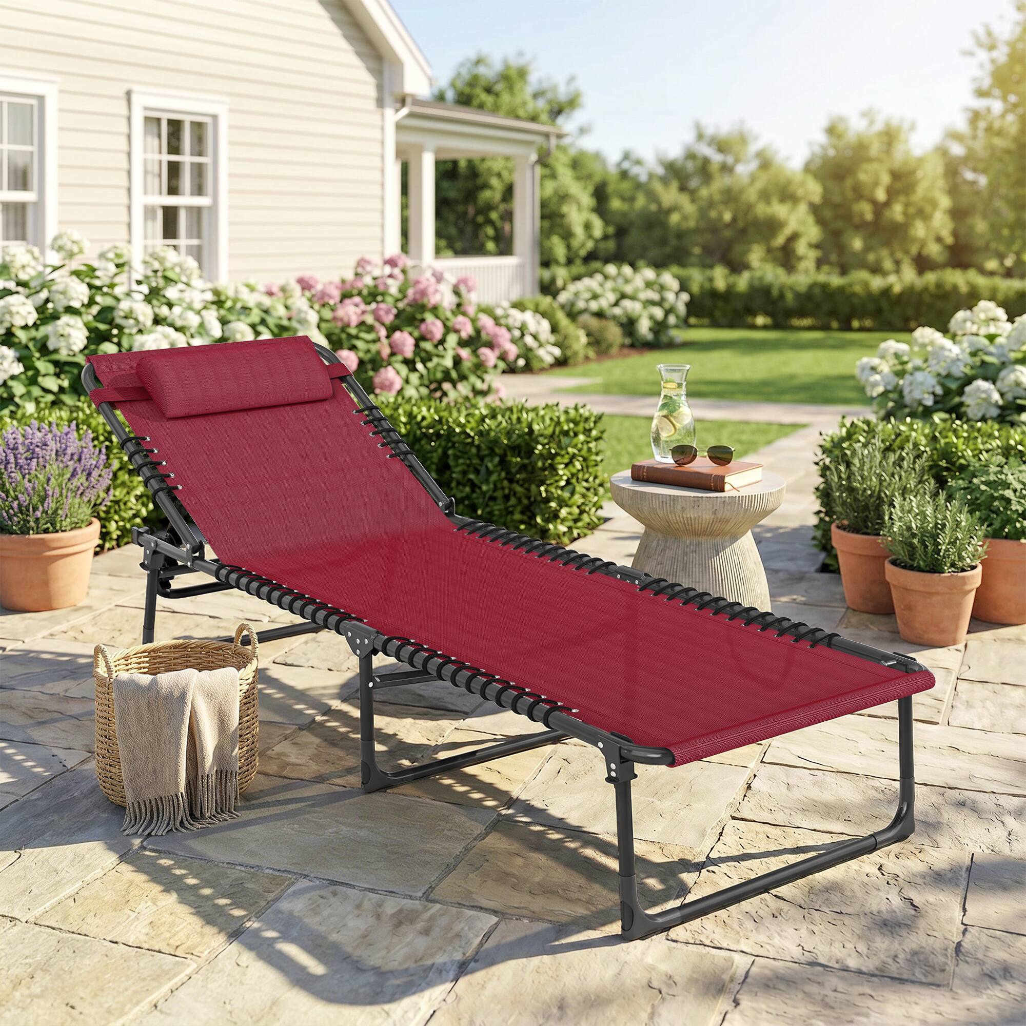 Alt View 1. Outsunny - Chaise Lounge Pool Chair with 4-Position Reclining Back, Pillow, Breathable Mesh & Bungee Seat - Wine Red.