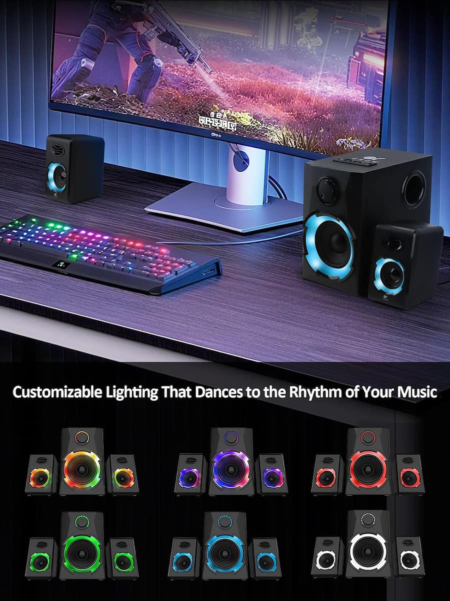 Altavoces PC Con Subwoofer 40W Y Luces LED | Conexión Bluetooth, AUX, USB, TF | Para Ordenador, TV, Móvil | Sincronización Música