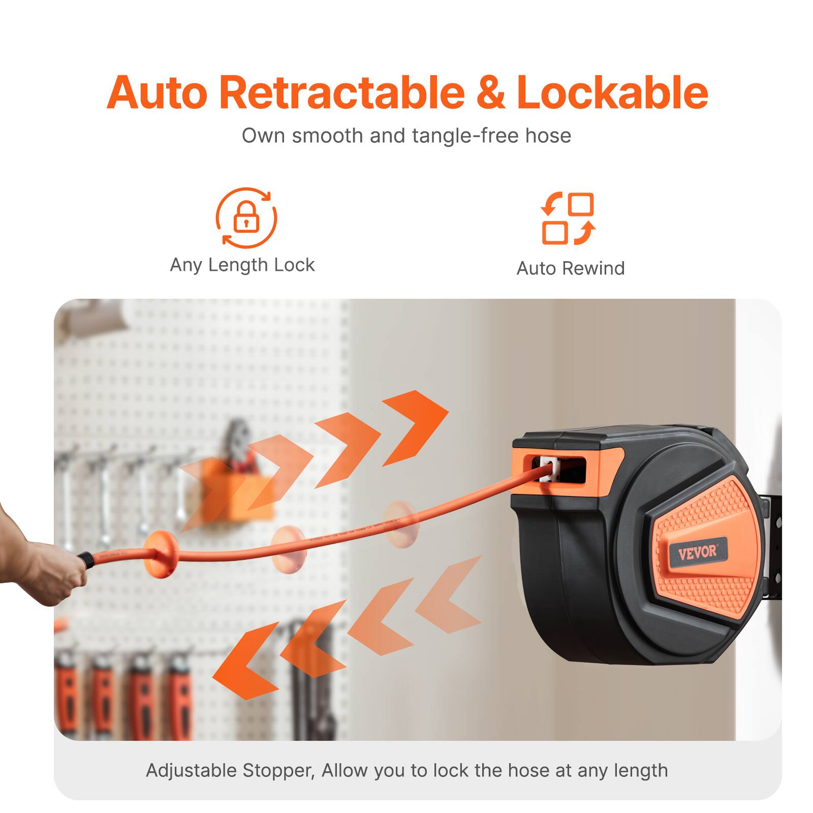 Auto Retractable & Lockable  
Own smooth and tangle-free hose  

- Any Length Lock  
- Auto Rewind  

Adjustable Stopper, Allow you to lock the hose at any length