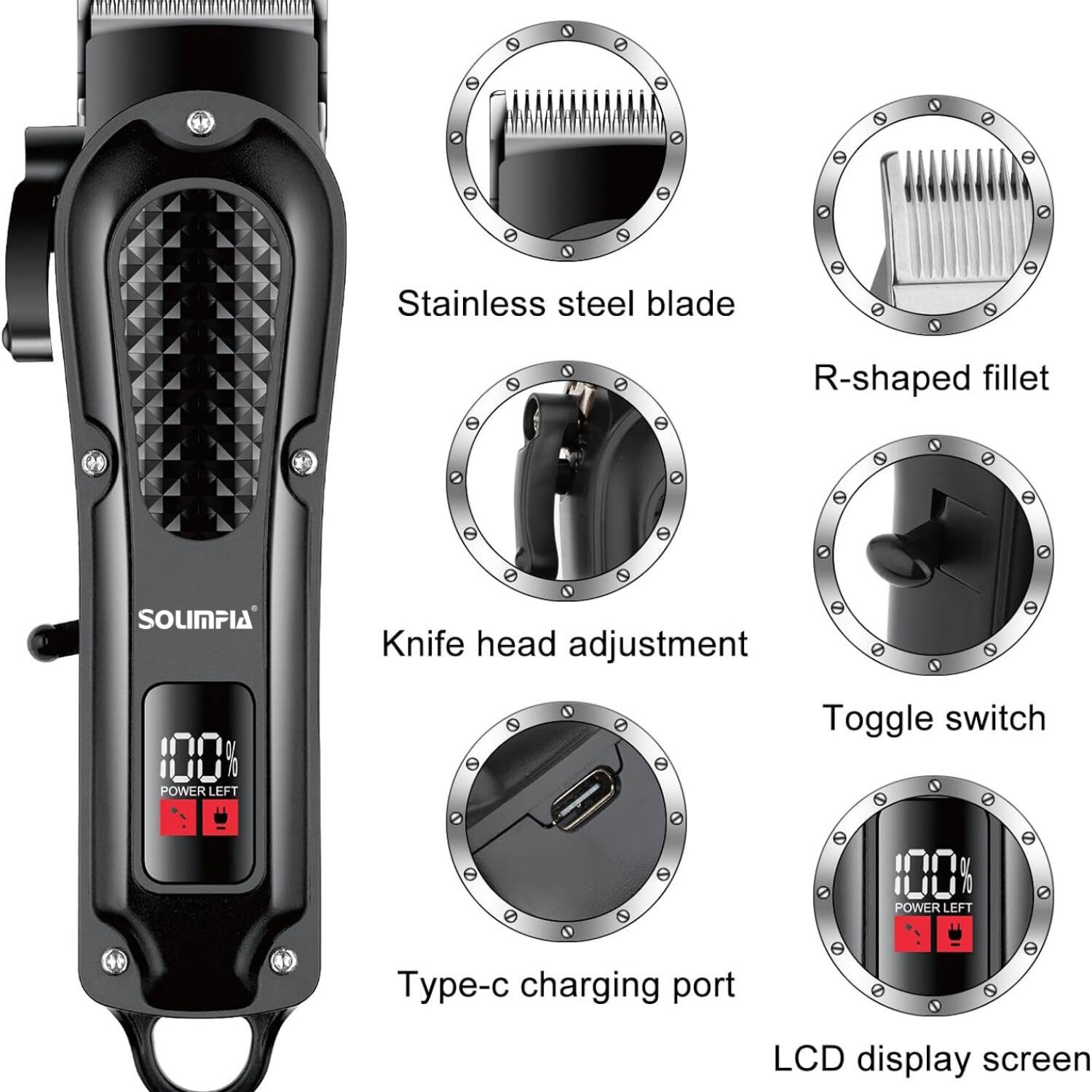 Stainless steel blade  
R-shaped fillet  
SOLIMPIA  
Knife head adjustment  
Toggle switch  
POWER LEFT  
Type-c charging port  
LCD display screen