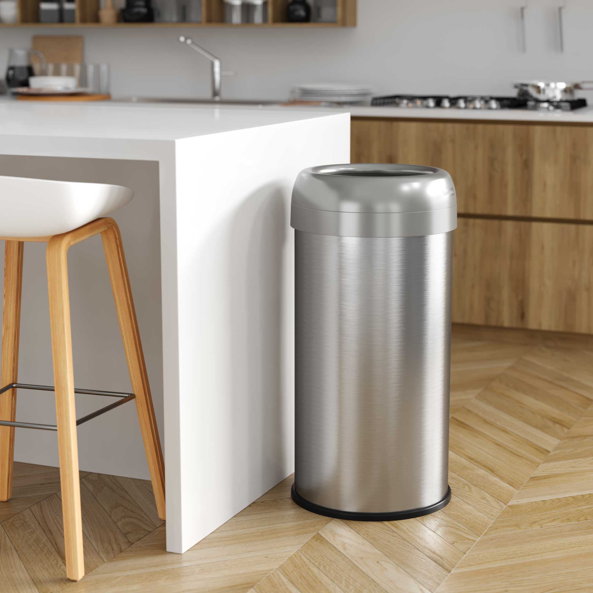 Left. iTouchless - 16 Gallon Round Open Top Stainless Steel Kitchen Trash Can with Wheels and Dual AbsorbX Odor Filters - Silver.