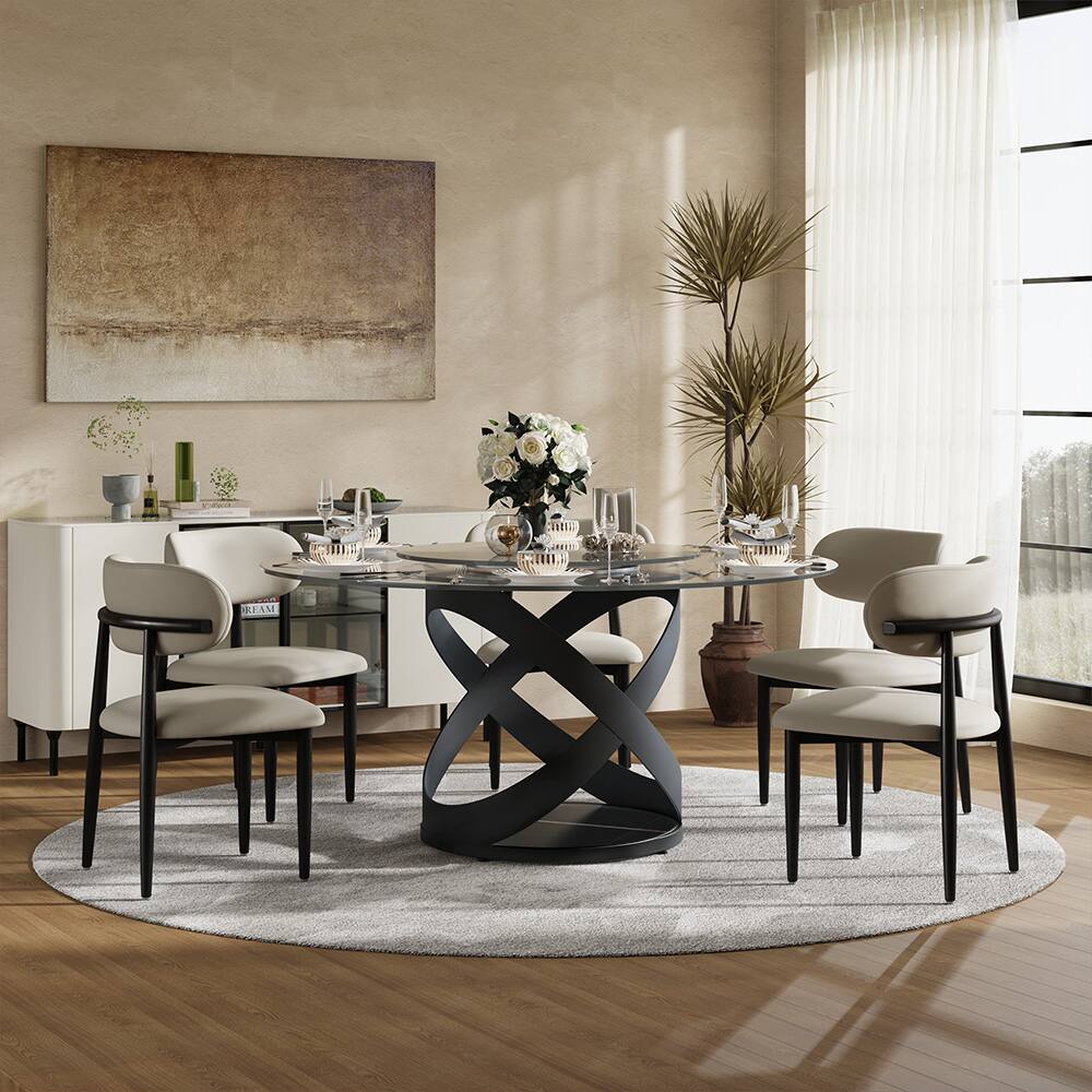 Angle. POVISON - 59" Modern Glass Round Dining Table for 4 with Lazy Susan, Clear Tempered Glass Tabletop, Black X Carbon Steel Base - Clear Tempered Glass with Black.