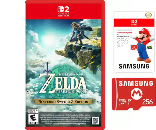 02 NINTENDO SWITCH. 2 ...... SWITCH 30 ExpRecA Caro corte microsuc so pross microSD Express for Nintendo Switch 2 256 mR EX SAMN E 1 M UR MARIO THE LEGEND OF ZELDA TEARS OF THE KINGDOM NINTENDO SWITCH 2 EDITION SAMSUNG SAMSUNG M micro EX SP 256 XC I EVERYONE 10+ TODOS +10 Includes the Nintendo Switch game and the Nintendo Switch 2 Edition upgrade E pock Upgrade pock also available separately. For details, visit Incluye el juego de 10 Nintendo Switch Y el poquete de mejora a le versin Nintendo Switch 2 Edition l paquete de mejora tombin est disponible por separado. Para obtener ms ESRB informacin, visito support.nintendo.com/switch2/upgradepack - E (Everyone)