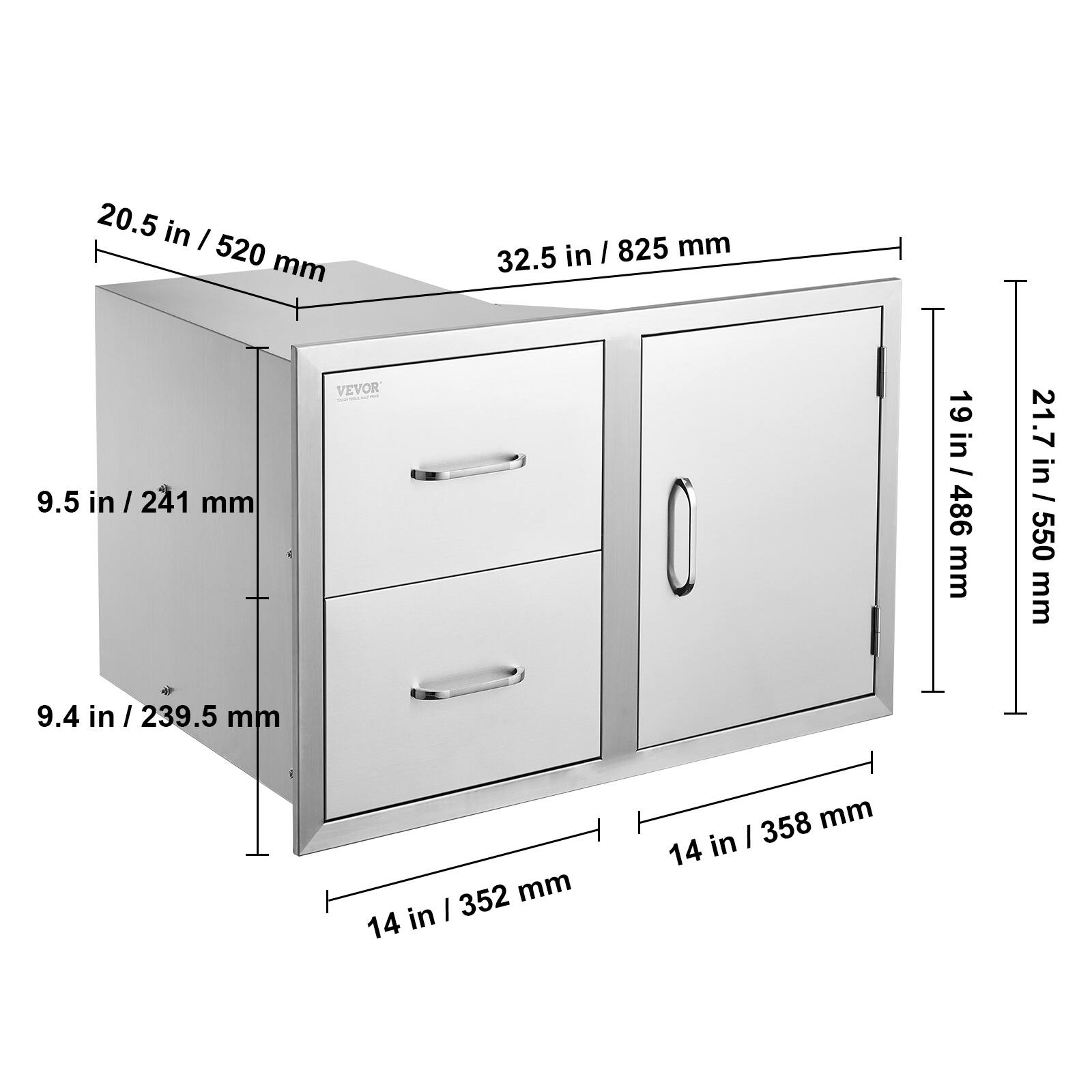 20.5 in / 520 mm  
32.5 in / 825 mm  
9.5 in / 241 mm  
9.4 in / 239.5 mm  
14 in / 352 mm  
14 in / 358 mm  
19 in / 486 mm  
21.7 in / 550 mm