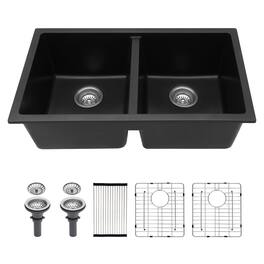 Lordear - 33x19x10 Inch Granite Composite Undermount kitchen Sink 50/50 Double Bowl Quartz Kitchen Sink - Black