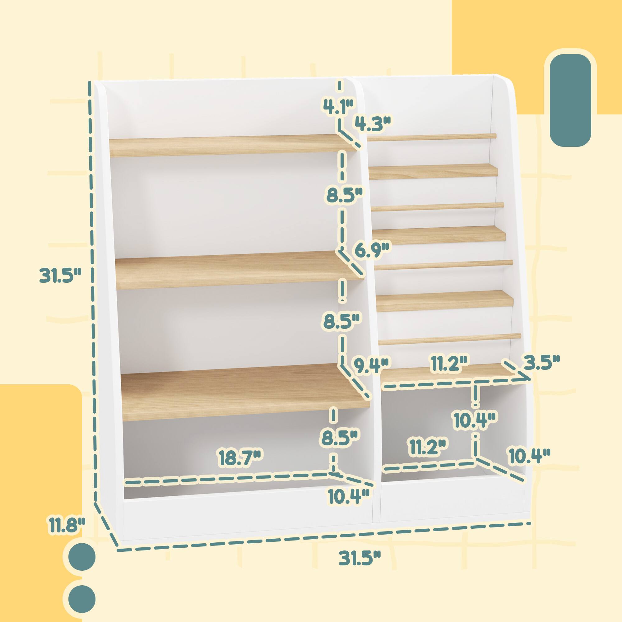 Left. Qaba - Kids Bookshelf and Toy Storage Organizer, 4 Tier Bookshelf for Kids with 4 Layer Book Rack and Storage Grid - White.
