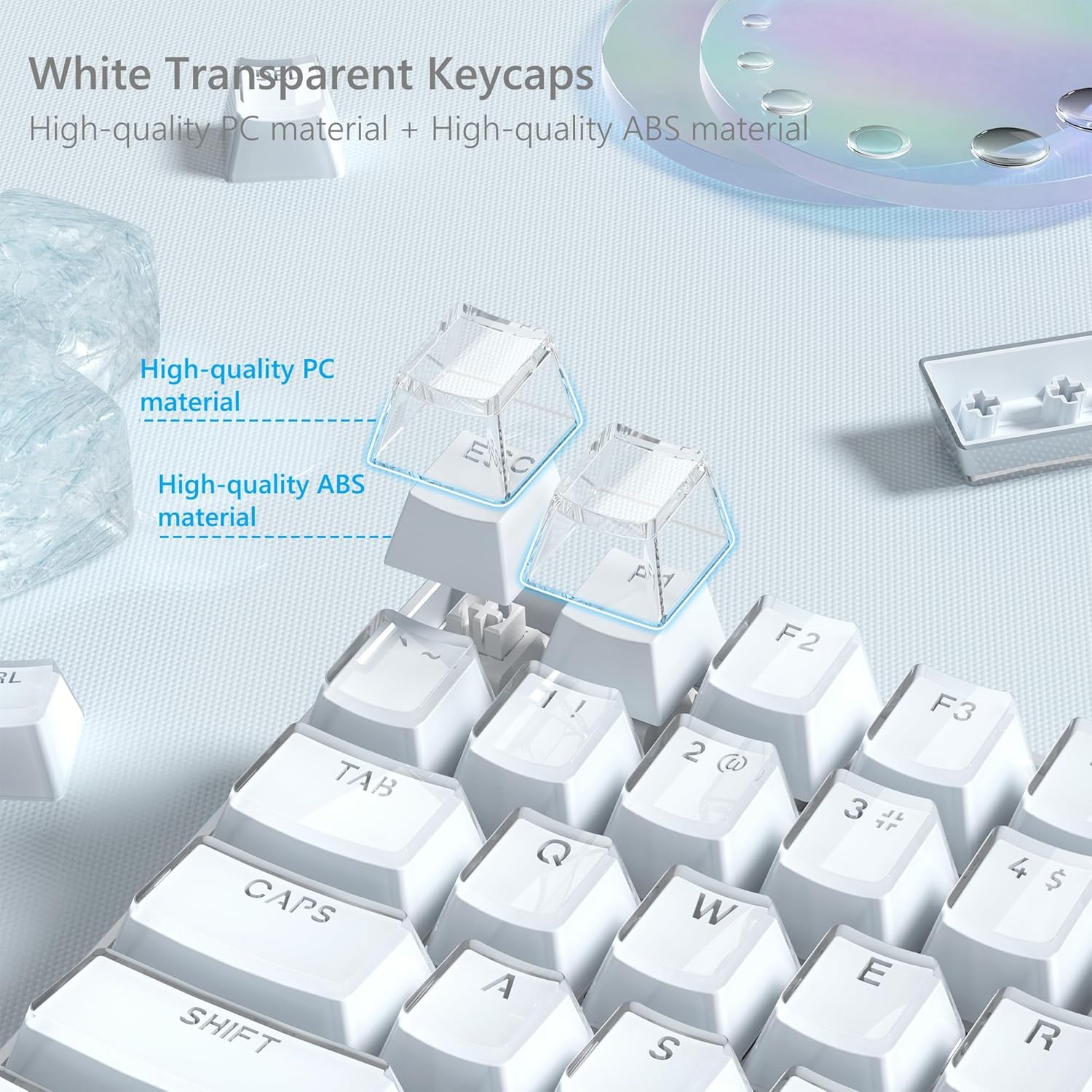 White Transparent Keycaps  
High-quality PC material + High-quality ABS material  

High-quality PC material  
High-quality ABS material  

E C BP L TAB CAPS SHIFT ! Q A F 2 C W S F2 F3 3 JL 7 E 4 $ R I