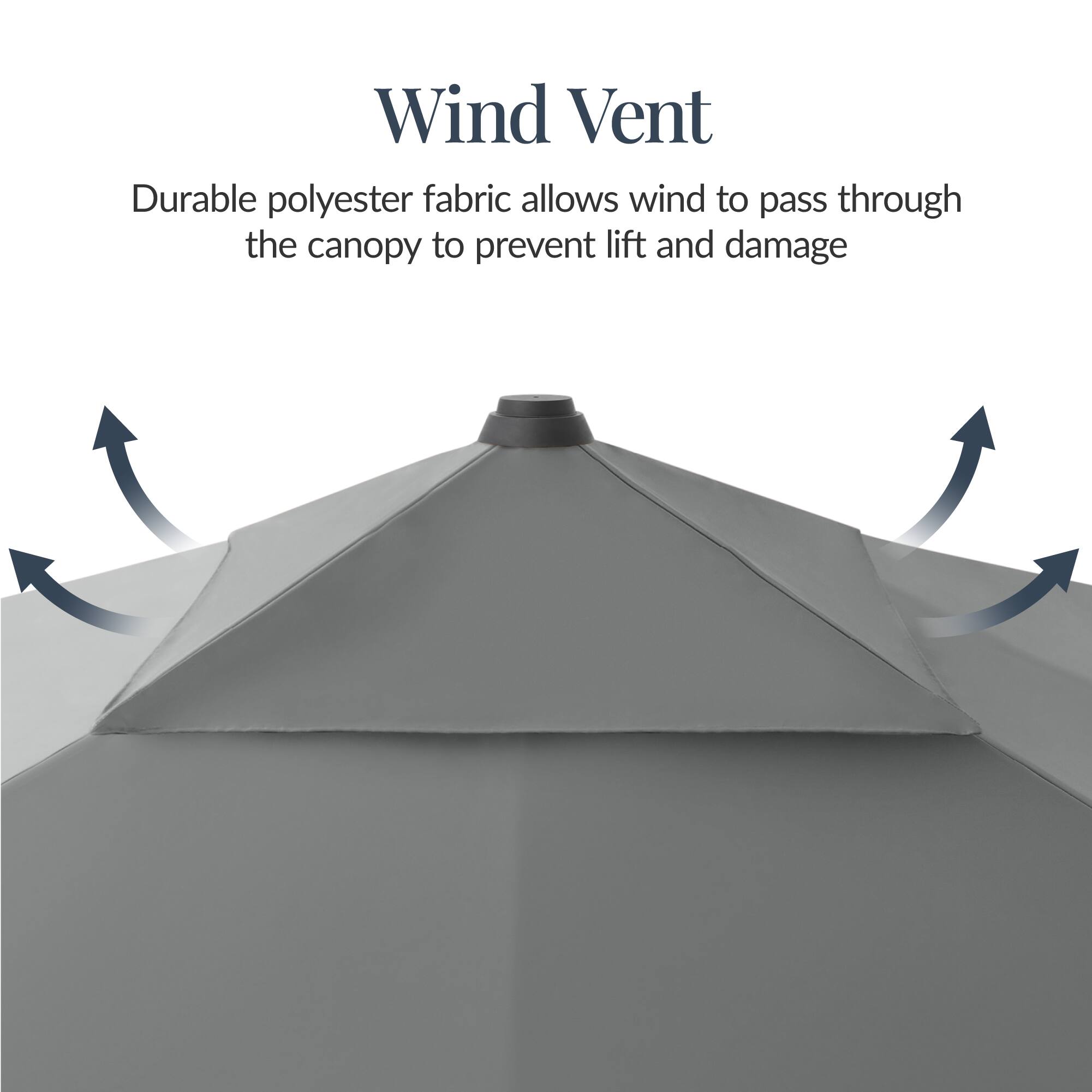 Wind Vent  
Durable polyester fabric allows wind to pass through the canopy to prevent lift and damage
