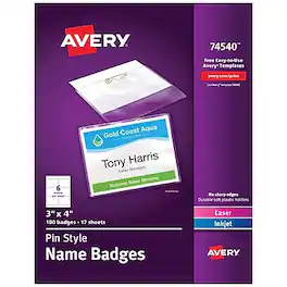 Avery - Pin Style Laser/Inkjet Name Badge Kit, 3" x 4", Clear Holders with White Inserts, 100/Box (74540) - Clear with White Inserts