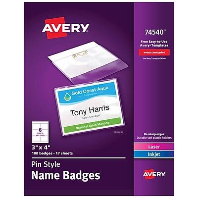 AVERY 74540  
Free Easy-to-Use Avery Templates  
avery.com/print  
Avery Template #74540  

Gold Coast Aqua  
Tony Harris  
Sales Manager  
National Sales Meeting  

3" x 4"  
100 badges - 17 sheets  

Pin Style Name Badges  
Laser Inkjet  

No sharp edges  
Durable soft plastic holders