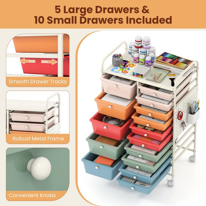 5 Large Drawers & 10 Small Drawers Included  
Smooth Drawer Tracks  
Robust Metal Frame  
Convenient Knobs