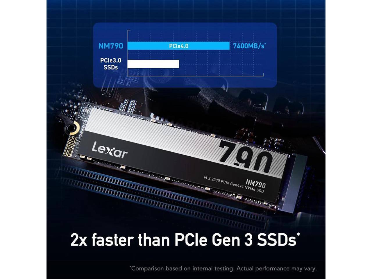 NM790 PCle4.0 7400MB/s PCle3.0 SSDs BARR PCHOGOZATZ7 105 ..... Lexar ar 790 M.2 2280 PCle NM790 Gen4x4 NVMe SSD 2x faster than PCle Gen 3 SSDs* *Comparison based on internal testing. Actual performance may vary.