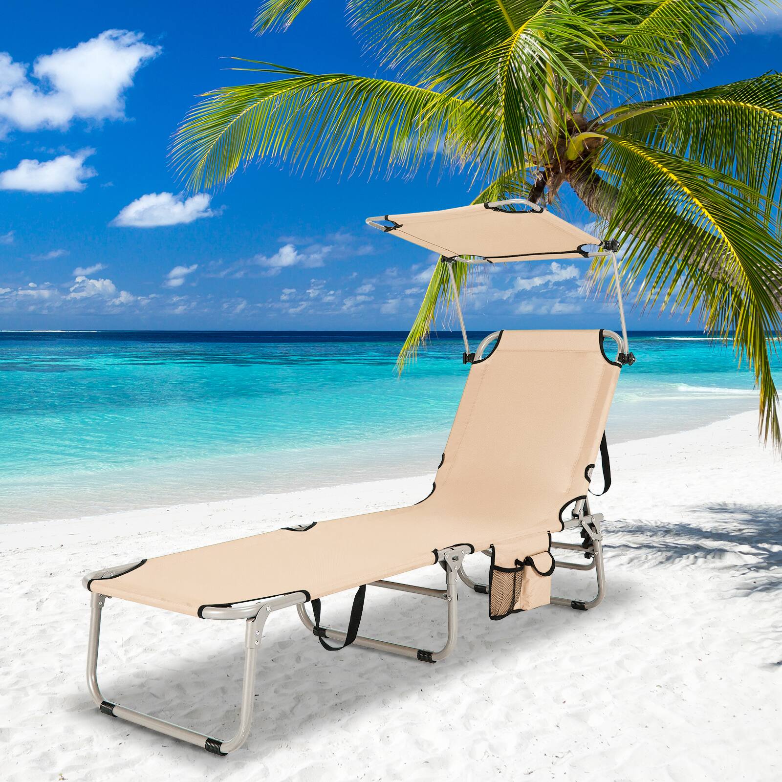 Alt View 2. Gymax - Gymax Foldable Lounge Chair Adjustable Outdoor Beach Patio Pool Recliner Beige W/ Sun Shade - Beige.