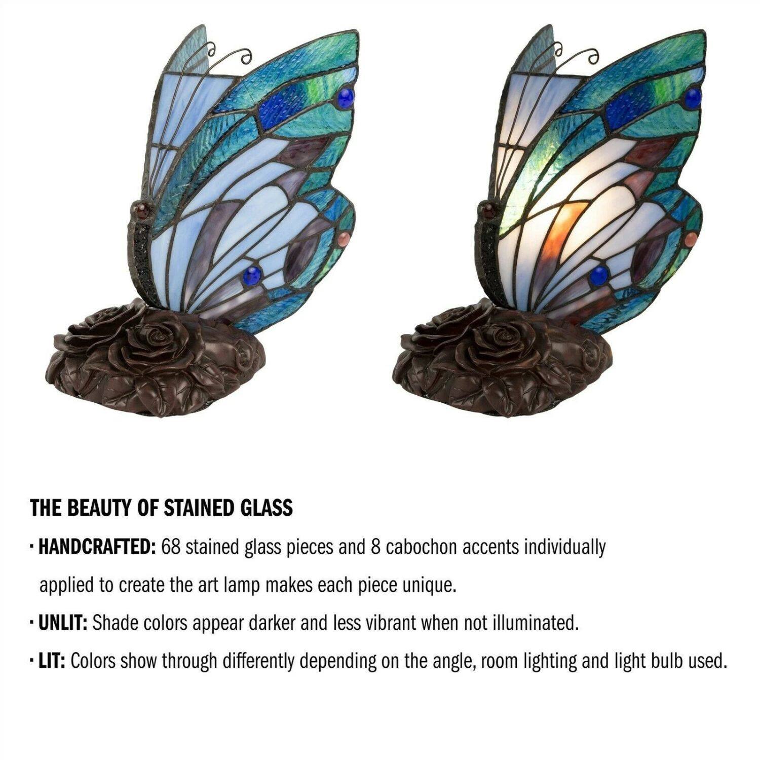 **THE BEAUTY OF STAINED GLASS**

- **HANDCRAFTED:** 68 stained glass pieces and 8 cabochon accents individually applied to create the art lamp makes each piece unique.
- **UNLIT:** Shade colors appear darker and less vibrant when not illuminated.
- **LIT:** Colors show through differently depending on the angle, room lighting, and light bulb used.