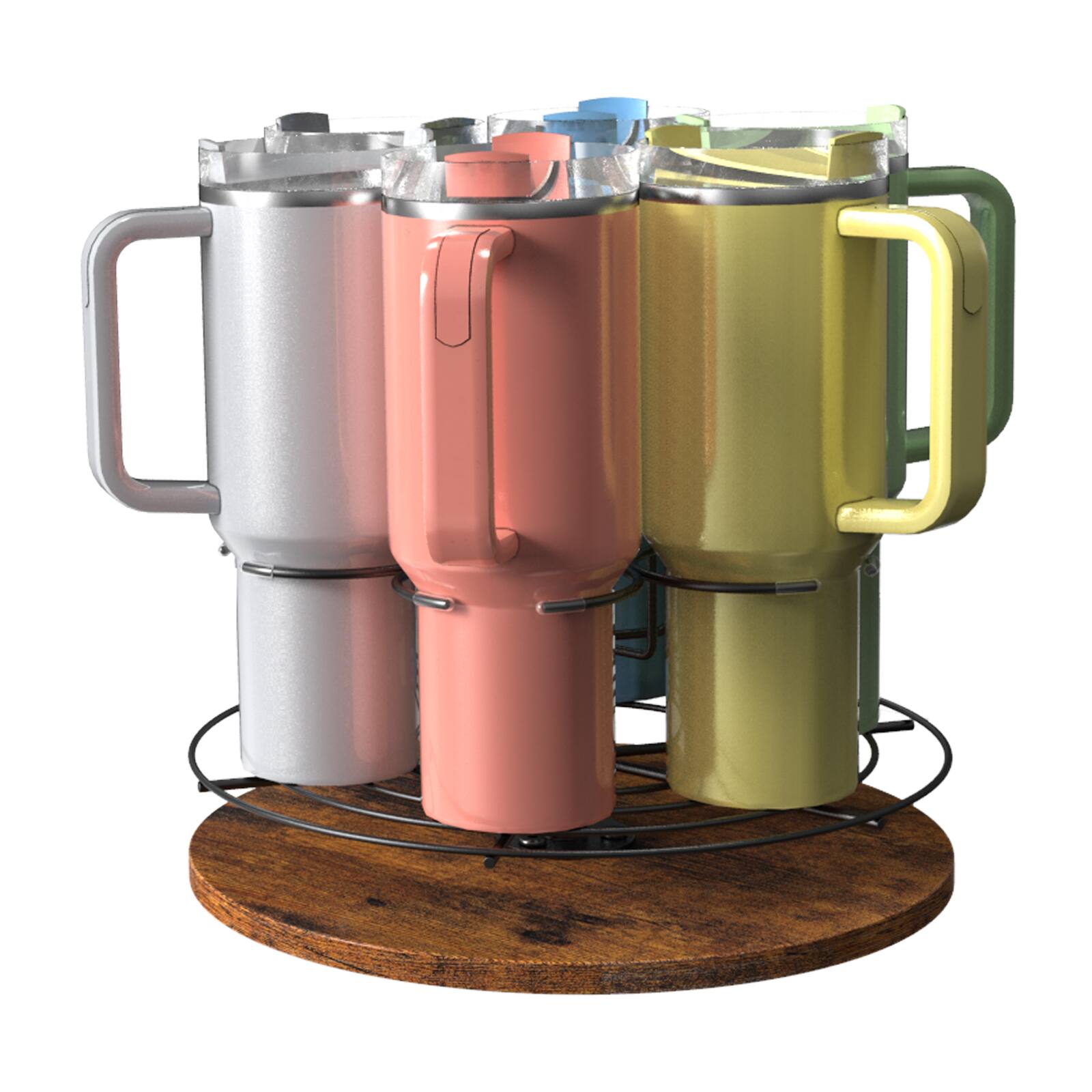 Alt View 1. Oumilen - Rotating Tumbler Cup Holder with Wooden Base, Black Carbon Steel Frame.