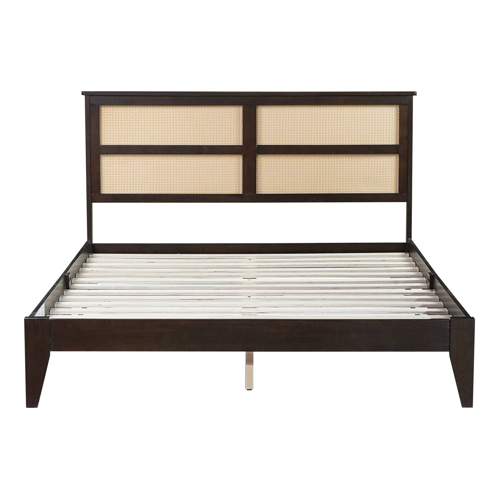 Back. GOODSILO - Queen Size Solid Wood Bed with Rattan Headboard and Enhanced Support Feet - Espresso.