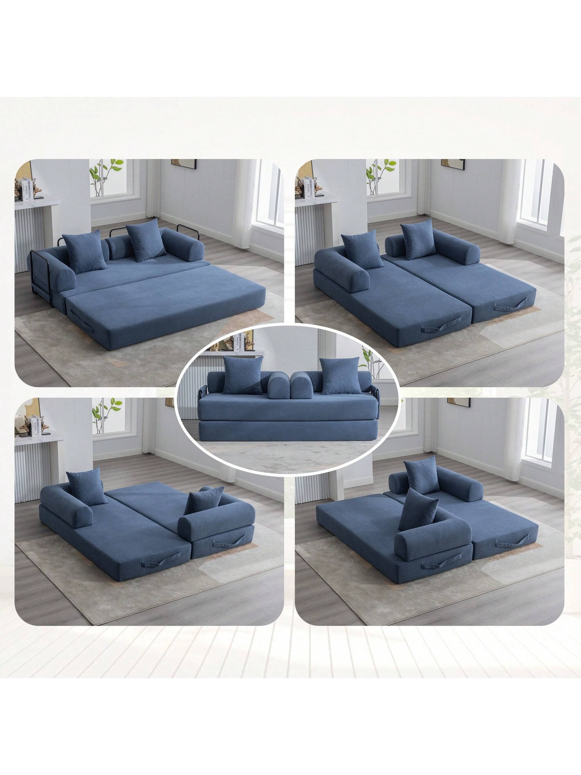 Trinkets Crazed - Convertible Sleeper Sofa Bed With 2 Pillows, 78.5" Corduroy Folding Mattress Couch With Fixed-Shape Frame - Navy