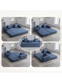 Trinkets Crazed - Convertible Sleeper Sofa Bed With 2 Pillows, 78.5" Corduroy Folding Mattress Couch With Fixed-Shape Frame - Navy