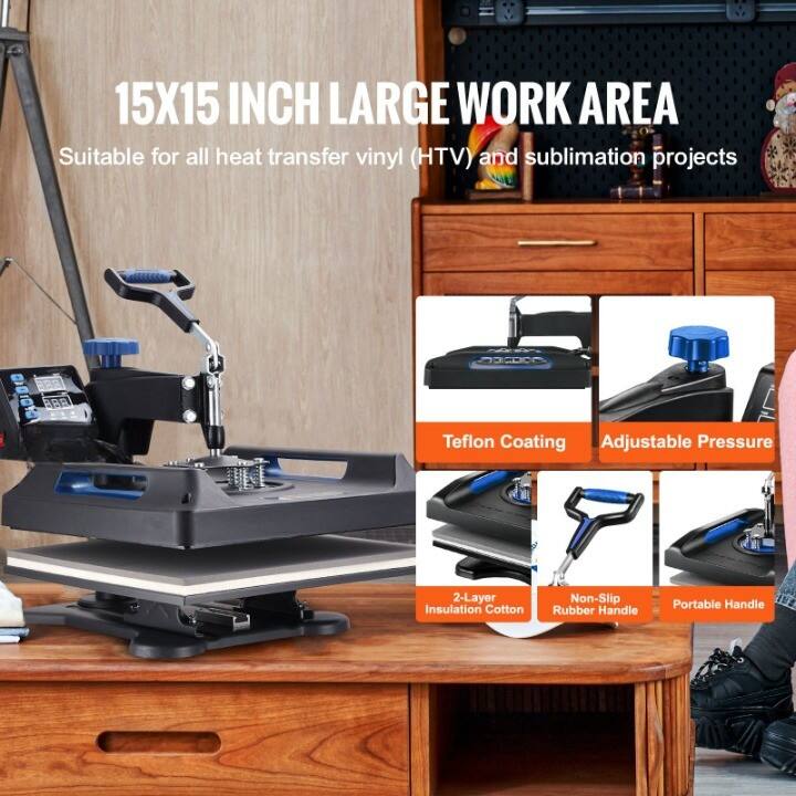 15X15 INCH LARGE WORK AREA  
Suitable for all heat transfer vinyl (HTV) and sublimation projects  

- Teflon Coating  
- Adjustable Pressure  
- 2-Layer Insulation Cotton  
- Non-Slip Rubber Handle  
- Portable Handle
