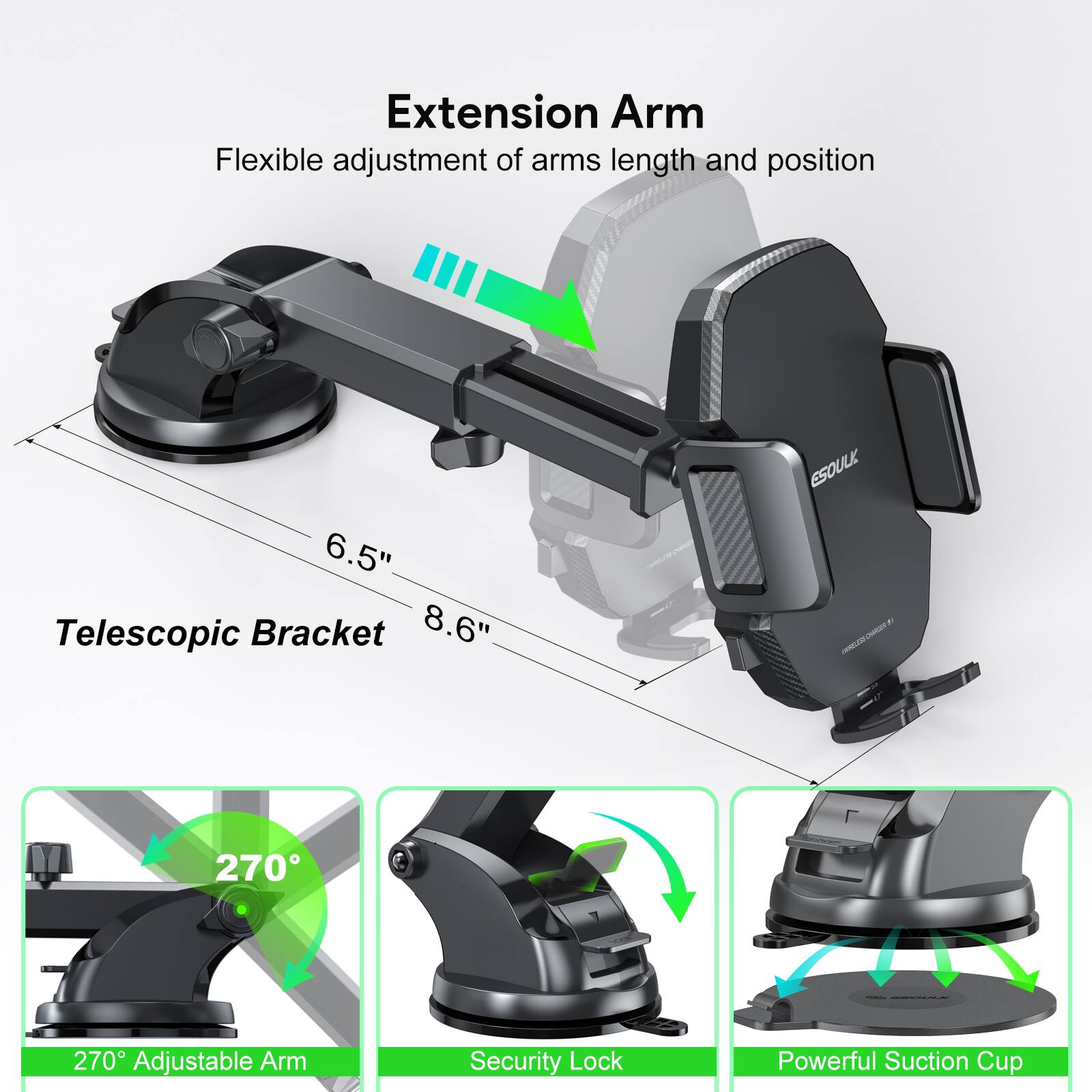 Extension Arm, Flexible adjustment of arms length and position, 6.5" Telescopic Bracket, 8.6", 270° Adjustable Arm, Security Lock, Powerful Suction Cup