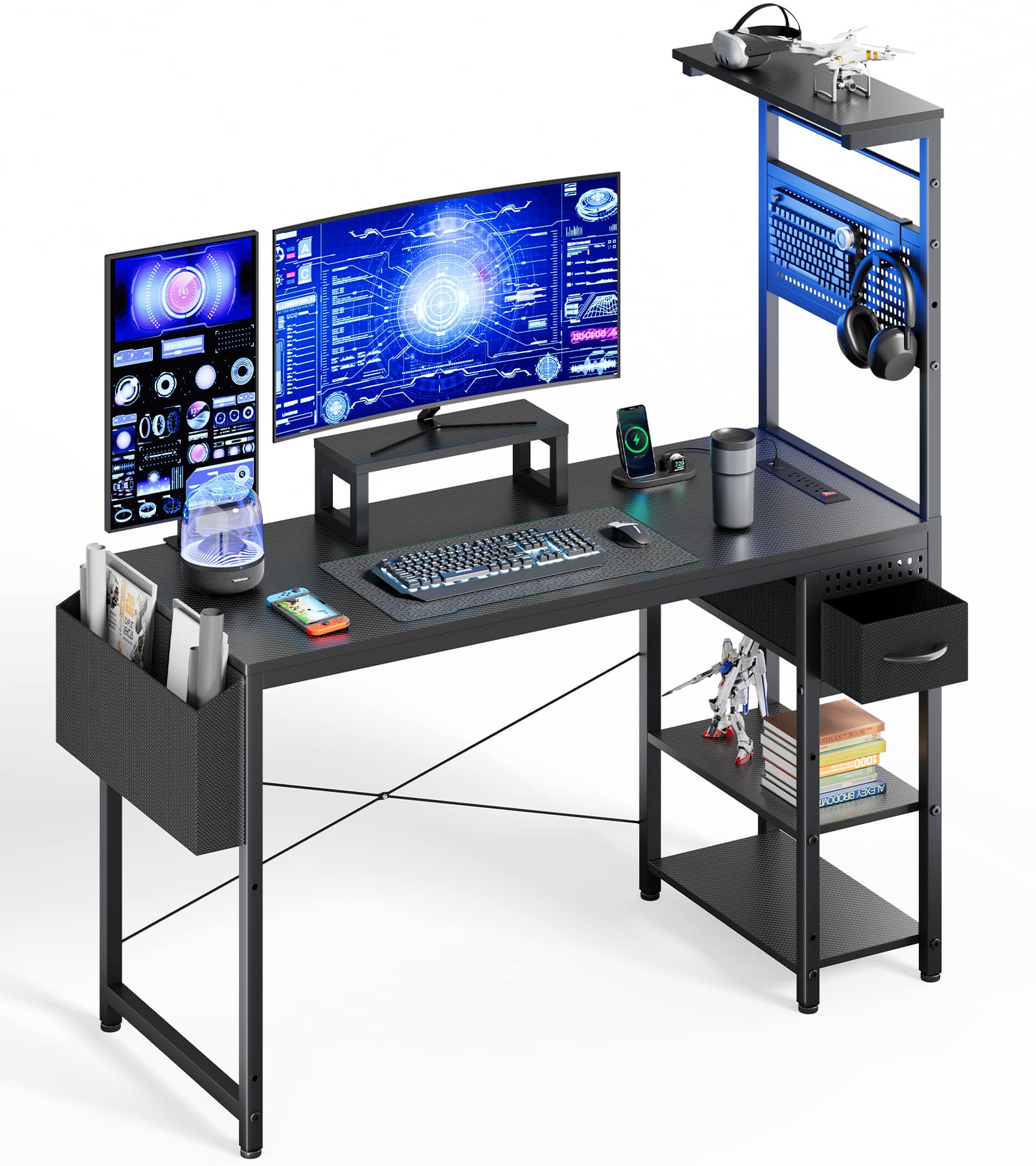 Koligey - 47 Inch Gaming Desk, Computer Desk with Adjustable Storage Rack & LED Lights - Black