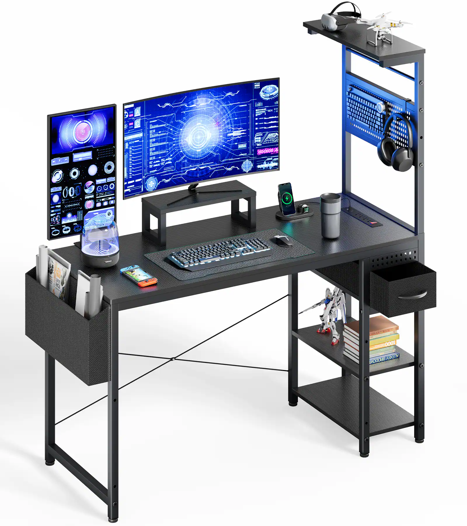 Koligey - 47 Inch Gaming Desk, Computer Desk with Adjustable Storage Rack & LED Lights - Black