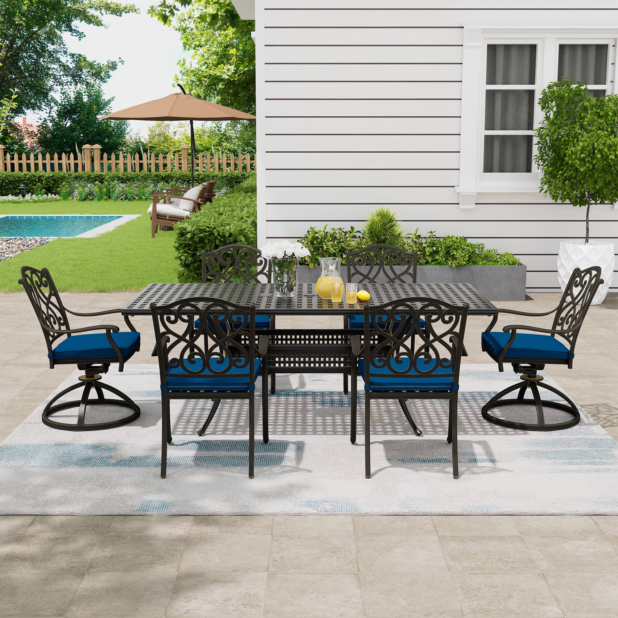 Left. Mondawe - 9 Piece Rectangular Outdoor Dining Set with Extendable Table and 8 Chairs - Black+Blue.
