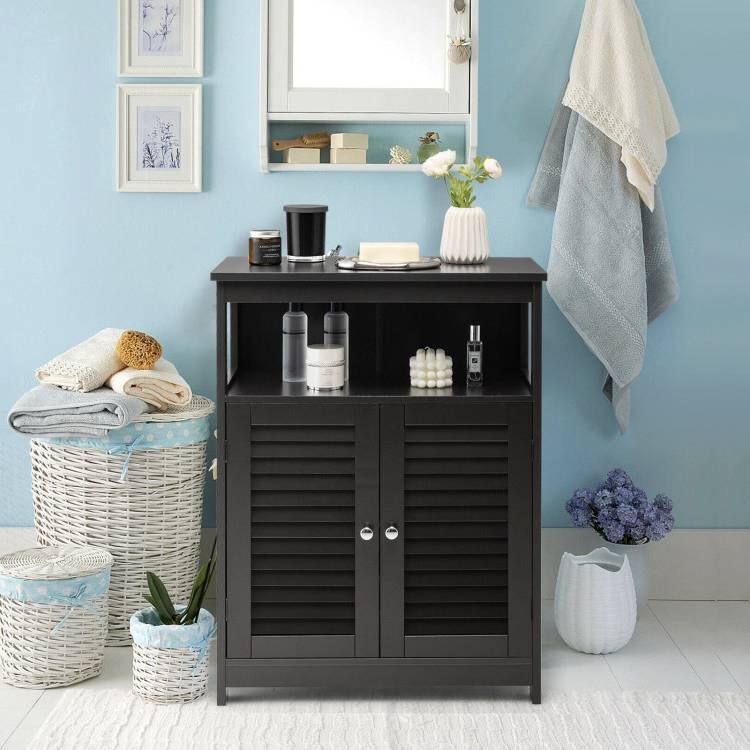 Angle. Hivvago - Black Farmhouse Bathroom Linen Cabinet with Louvered Doors and Open Shelf - Black.