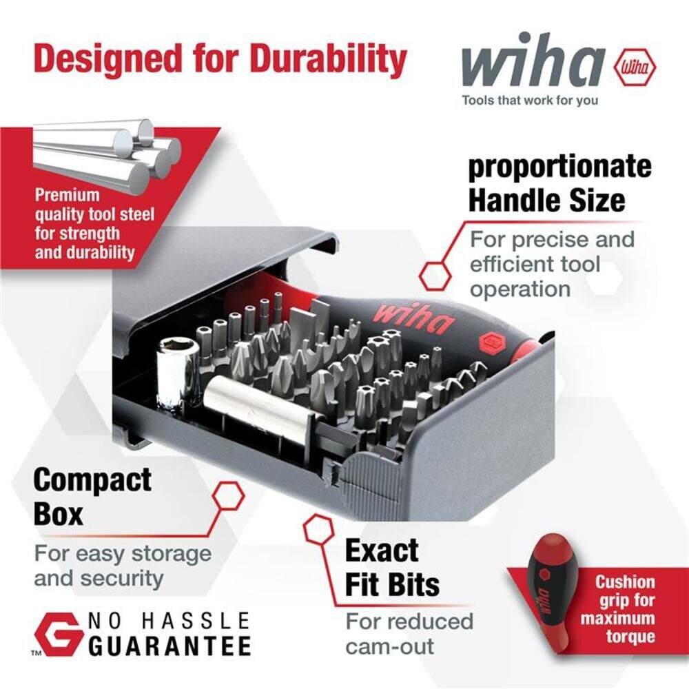 Designed for Durability with Wiha Tools that work for you

Premium quality tool steel for strength and durability

proportionate Handle Size
For precise and efficient tool operation

Compact Box
For easy storage and security

Exact Fit Bits
For reduced cam-out

Cushion grip for maximum torque

NO HASSLE™ GUARANTEE