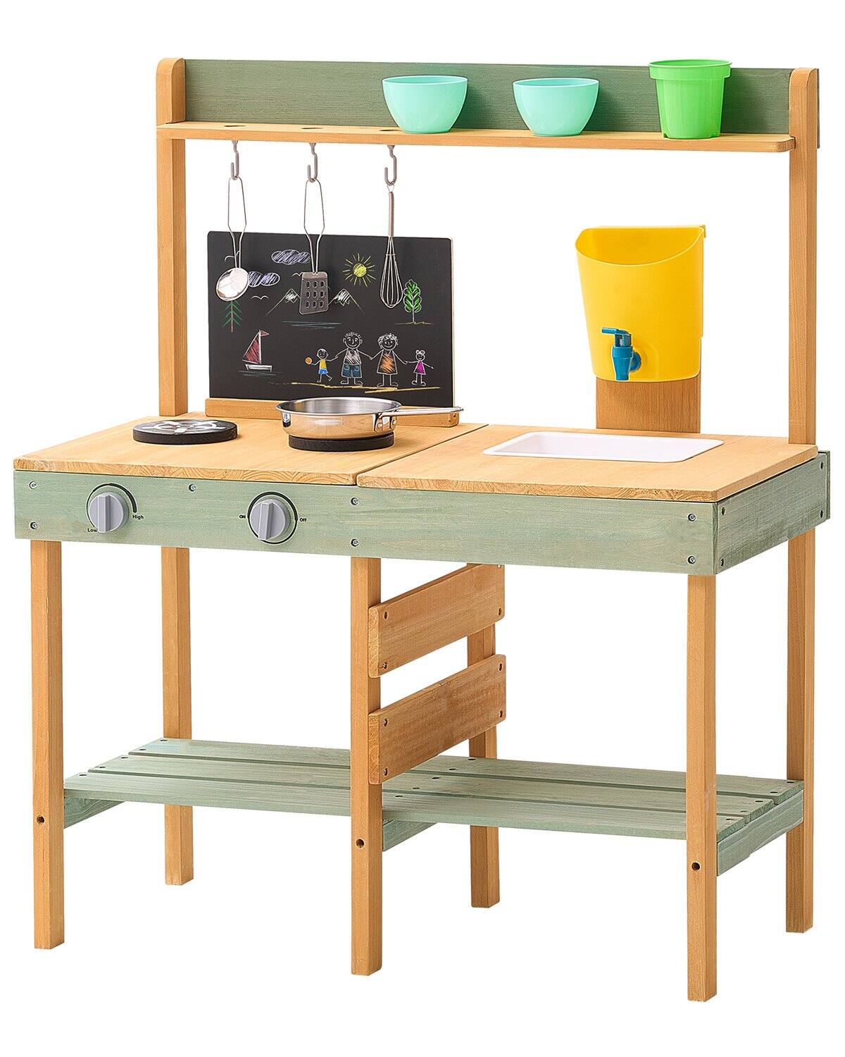 Glintex - Outdoor Wooden Mud Kitchen for Kids, Pretend Kitchen Playset with Planter Box, Stove, Faucet, Blackboard & Cookware
