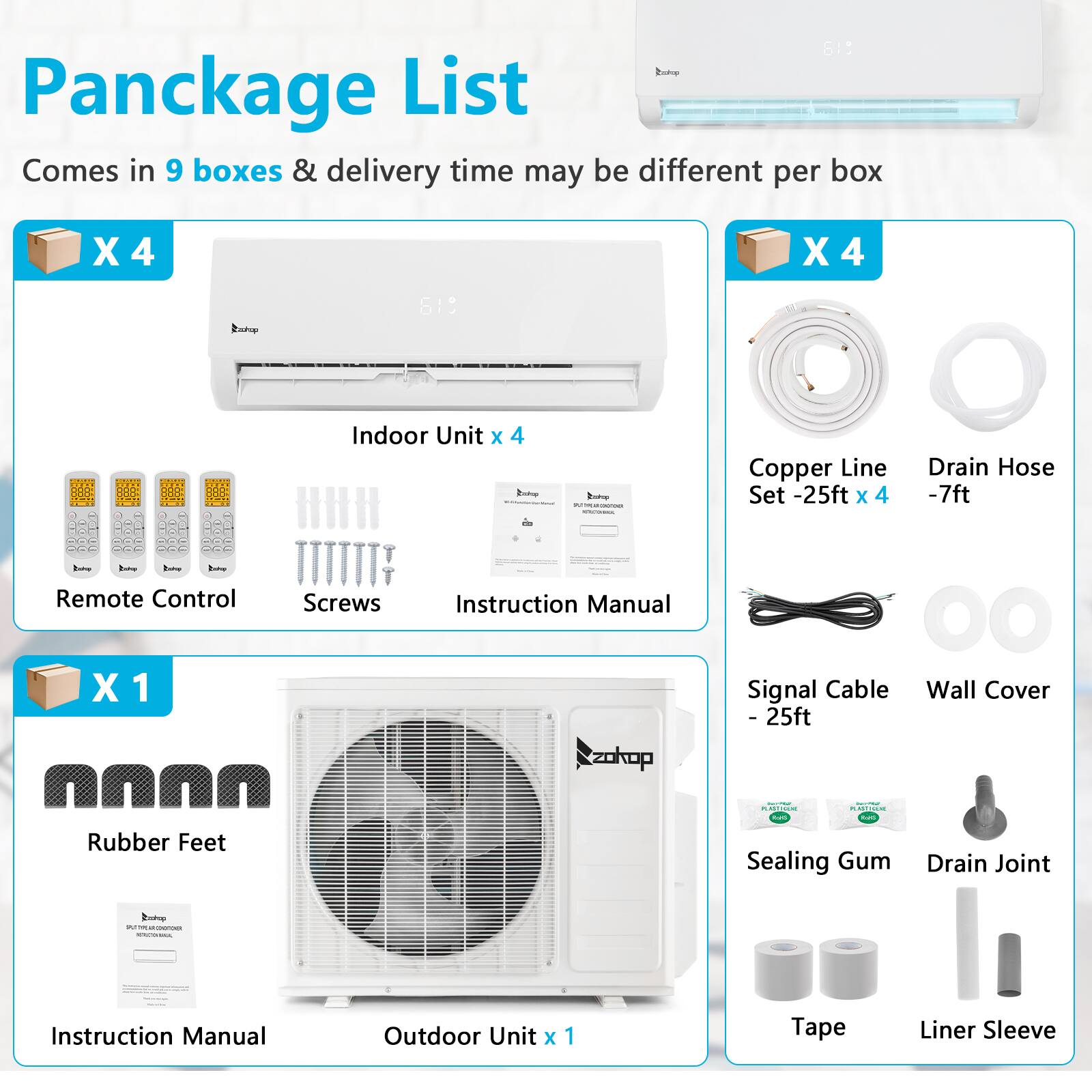 Pancake List  
Comes in 9 boxes & delivery time may be different per box  

X 4  
Indoor Unit x 4  
Remote Control x 4  
Screws  
Instruction Manual  

X 4  
Copper Line Set - 25ft x 4  
Drain Hose - 7ft  

X 1  
Rubber Feet  
Instruction Manual  
Outdoor Unit x 1  

Signal Cable - 25ft  
Wall Cover  
Sealing Gum  
Drain Joint  
Tape  
Liner Sleeve