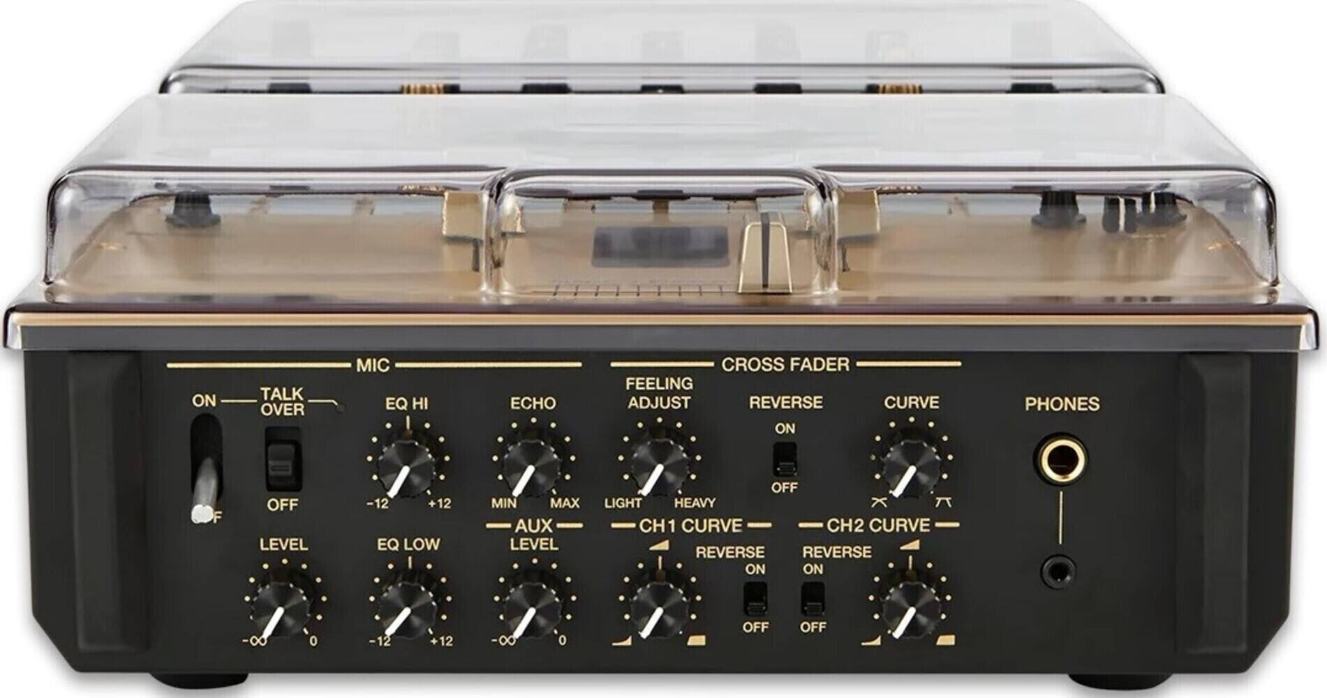 Sure, here is the corrected and grouped text from the image:

**Left Section:**
- TALK OVER
  - ON
  - OFF
- MIC
  - EQ HI
    - -12
    - +12
- LEVEL
  - -12
  - +12
- EQ LOW
  - -12
  - +12

**Middle Section:**
- ECHO
  - MIN
  - MAX
- AUX LEVEL
  - -12
  - +12
- FEELING ADJUST
  - LIGHT
  - HEAVY
- CH CURVE
  - REVERSE
  - ON
- CH2 CURVE
  - REVERSE
  - ON

**Right Section:**
- CROSS FADER
  - REVERSE
    - ON
    - OFF
  - CURVE
    - 8
    - 12
- PHONES
  - ON
  - OFF

**Additional Labels:**
- AUX LEVEL
- CH CURVE
- CH2 CURVE
- REVERSE