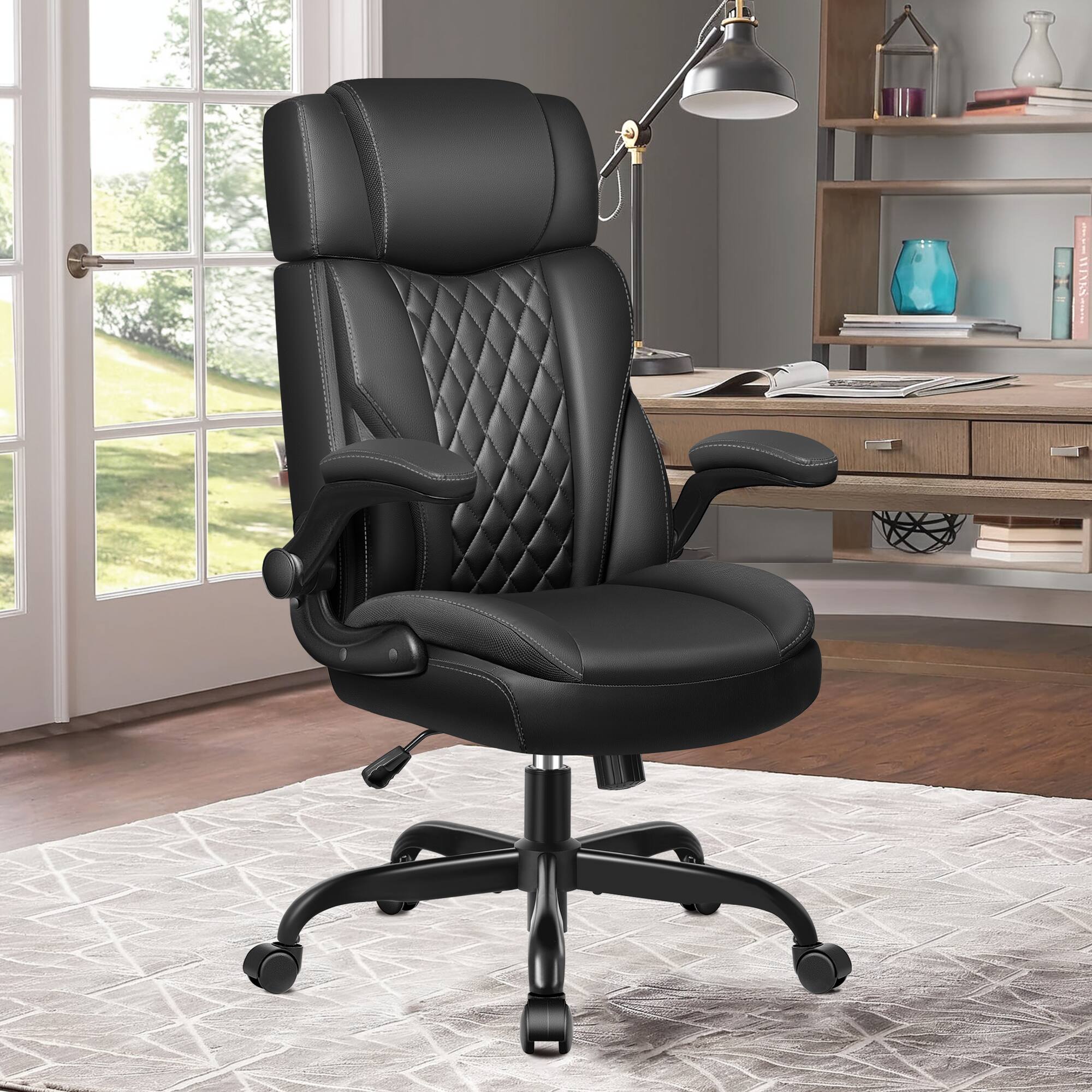 Alt View 5. KERDOM - Ergonomic Executive Leather Chair Adjustable Headrest, Computer Home Office Chair with Flip Up Arm & Thickened Cushion - Black.