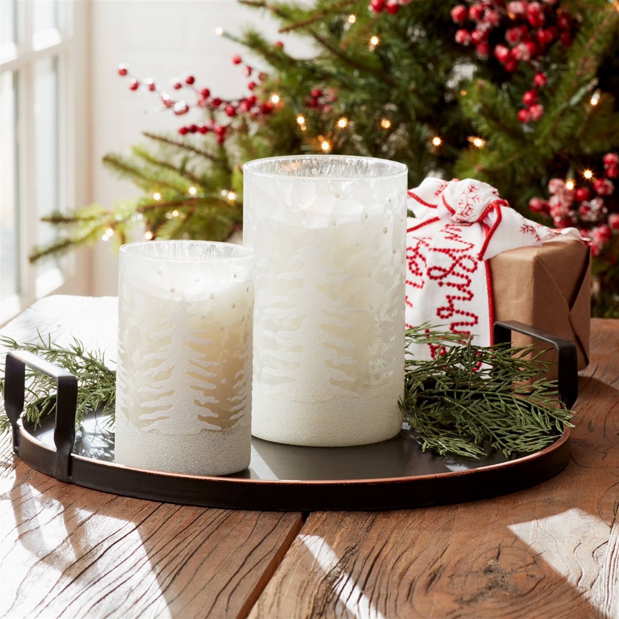 Angle. BreeBe - Frosted Votive Candle Holder with Snowy Forest (Set of 4) - Clear.