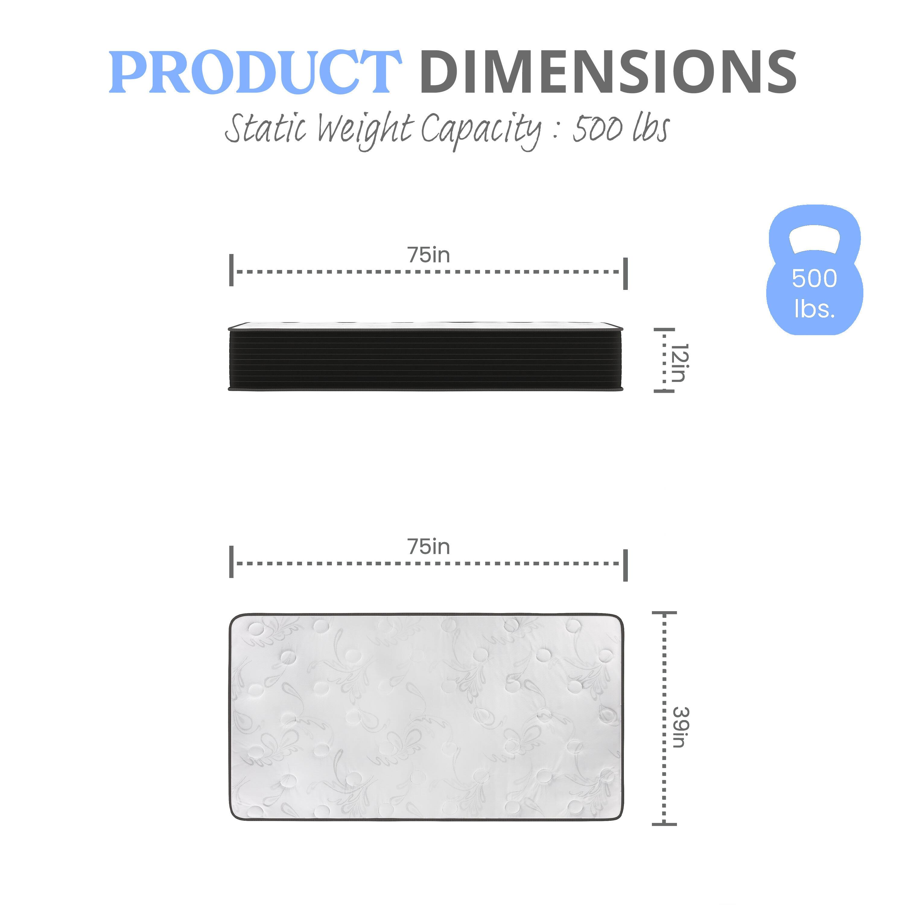 PRODUCT DIMENSIONS  
Static Weight Capacity: 500 lbs  

75in x 1.12in x 12in  
75in x 39in