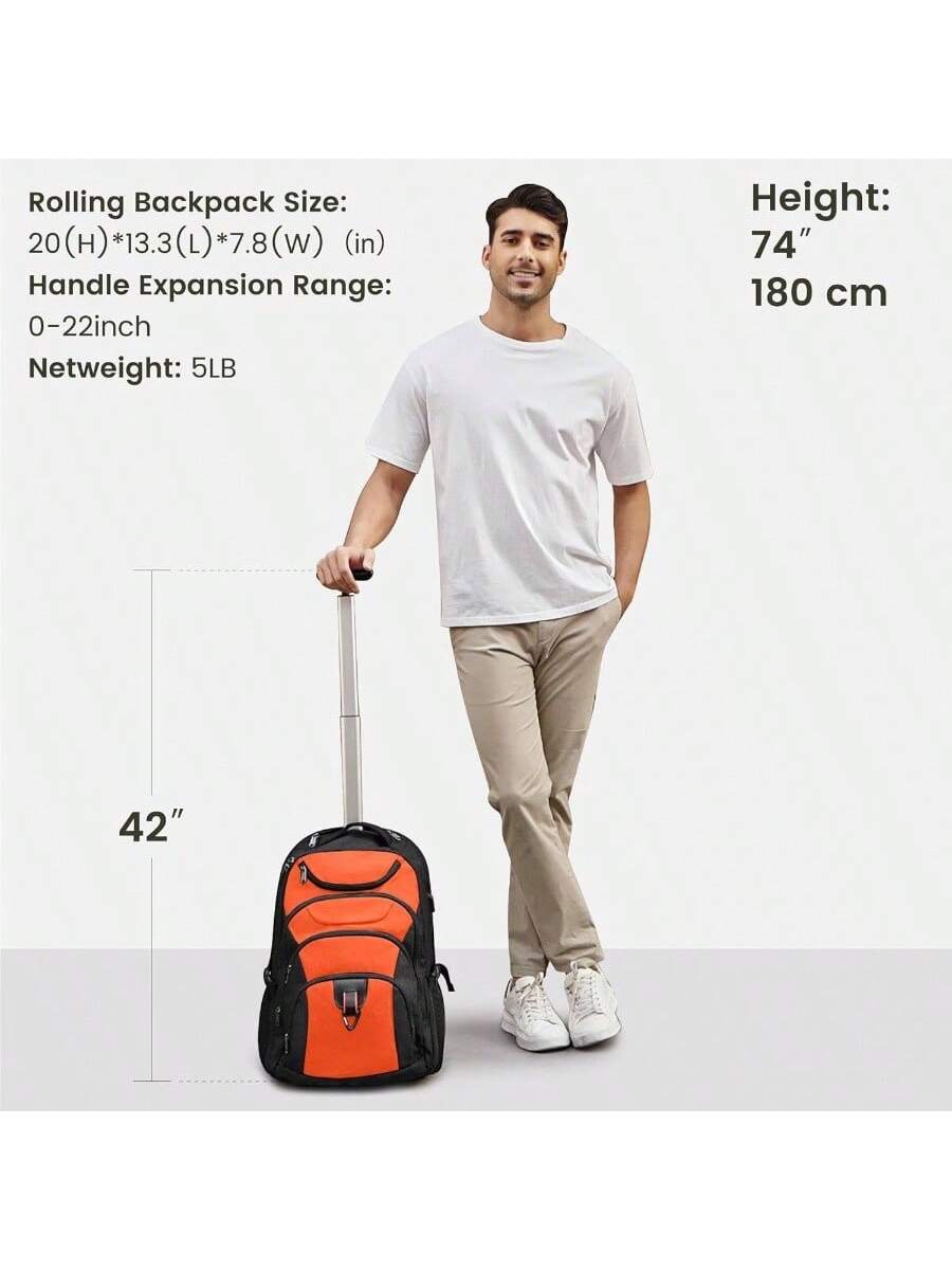Rolling Backpack Size:  
20 (H) * 13.3 (L) * 7.8 (W) (in)  

Handle Expansion Range:  
0-22 inch  

Netweight: 5LB  

Height:  
74"  
180 cm  

42"