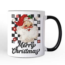 OrnamentallyYou - Checkered Santa Claus Vintage Mug, Retro Merry Christmas Gift - White