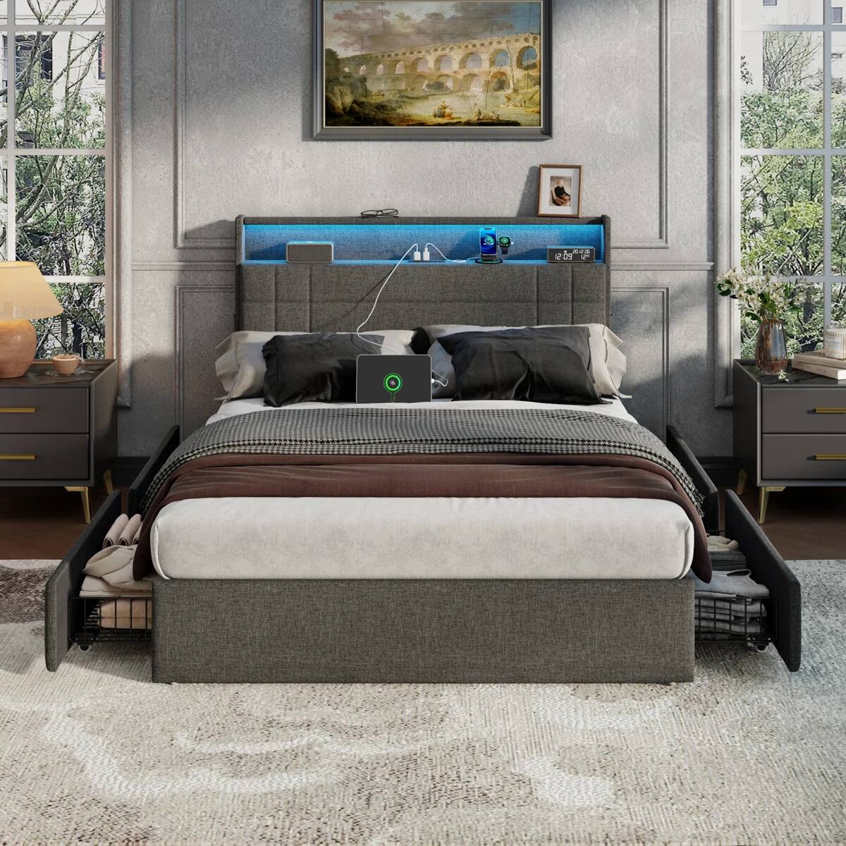 Alt View 9. Furnulem - Moden Bed Frame with Charging Station LED Lights Storage Drawers Upholstered Headboard No Box Spring Needed - Gray.