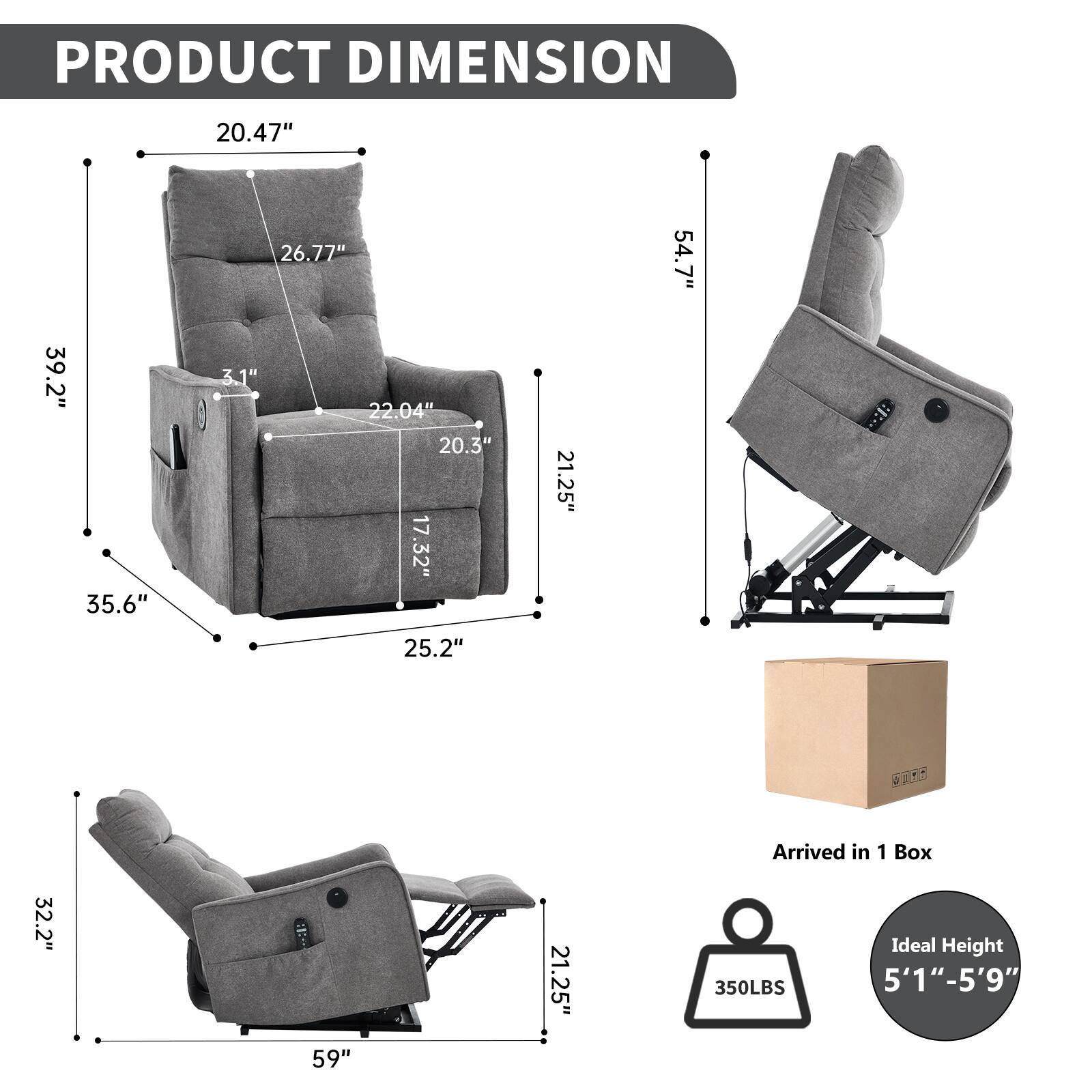 PRODUCT DIMENSION

- 20.47"
- 39.2"
- 35.6"
- 26.77"
- 3.1"
- 22.04"
- 20.3"
- 17.32"
- 21.25"
- 54.7"
- 25.2"
- 32.2"
- 59"
- 21.25"

Arrived in 1 Box

350LBS

Ideal Height 5'1"-5'9"