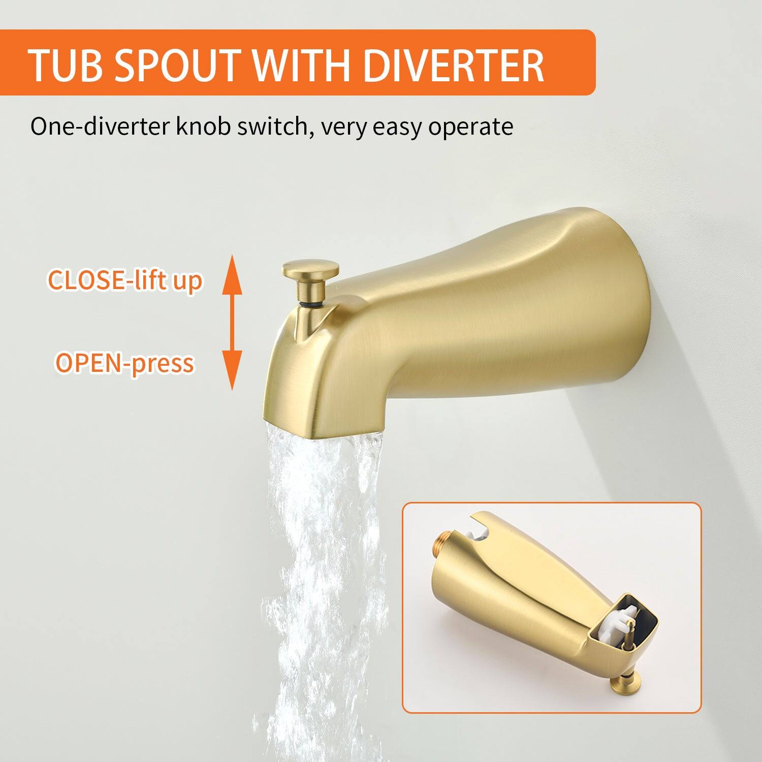 TUB SPOUT WITH DIVERTER

One-diverter knob switch, very easy operate

CLOSE-lift up  
OPEN-press