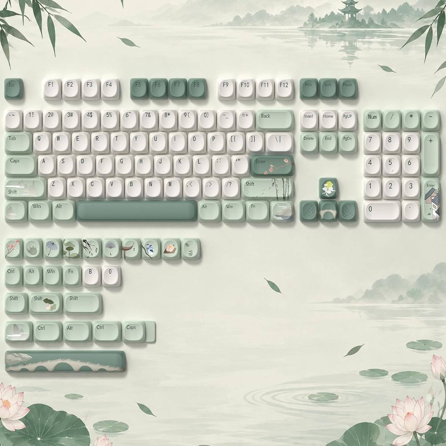 Esc  
F1  
F2  
F3  
F4  
F5  
F6  
F7  
F8  
F9  
F10  
F11  
F12  
Print  
Scroll  
Pause  

1!  
2@  
3#  
4$  
5%  
6^  
7&  
8*  
9(  
0)  
=+  
Back  
Insert  
Home  
Page Up  
Num  
/  
*  
-  

Tab  
Q  
W  
E  
R  
T  
Y  
U  
I  
O  
P  
[  
]  
\  
Delete  
End  
Page Down  
7  
8  
9  
+  

Caps Lock  
A  
S  
D  
F  
G  
H  
J  
K  
L  
;  
'  
Enter  

4  
5  
6  
Shift  
Z  
X  
C  
V  
B  
N  
M  
<  
>  

Shift  
1  
2  
3  
Enter  

Win  
Alt  
Fn  
0  
Ctrl  
Alt  
Win  
Fn  
8  
0  
Shift  
Shift  
Shift  
Ctrl  
Alt  
Ctrl  
Caps