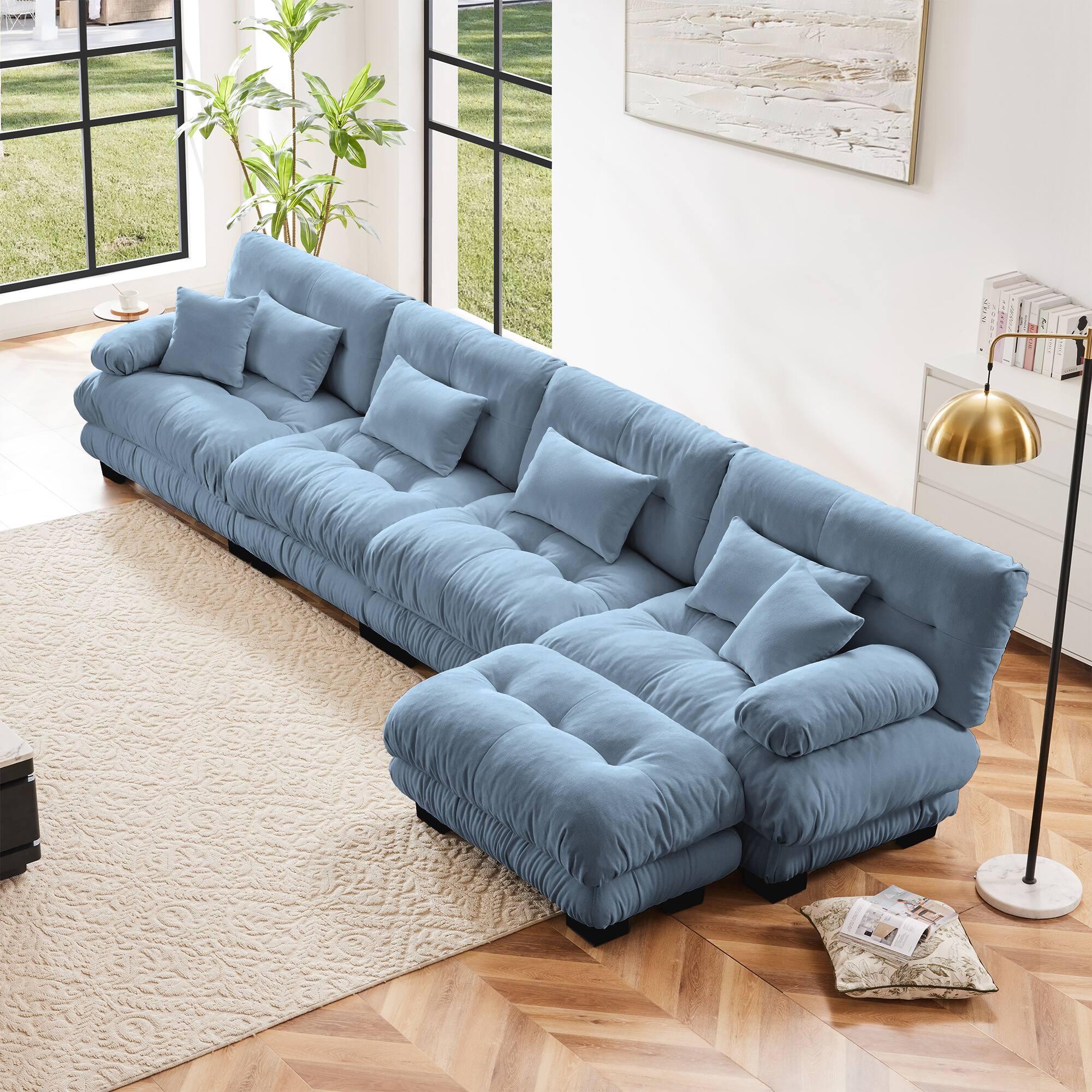 DOMETOUR - Modular Sectional Sofa,L Shaped Couch for Living Room, 4-Seater Comfy Cloud Couch with Convertible Ottoman - Chenille Blue
