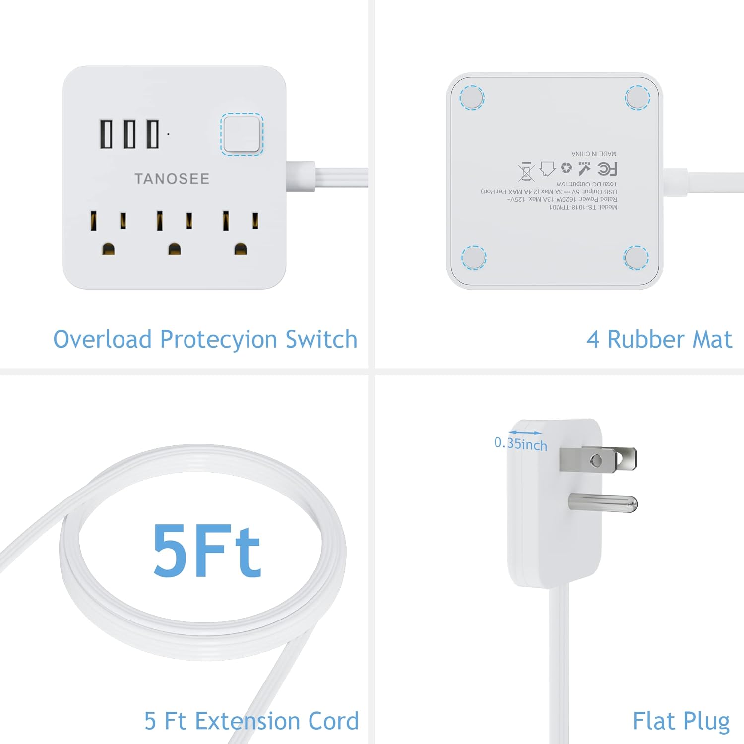 TANOSSEE VNSO N P/S 7 FC M L DO 01 Co YVII V9 a K VE VA - pano un -NUCA YEL-MSCH Power Overload Protection Switch 4 Rubber Mat 0.35inch 5Ft 5 Ft Extension Cord Flat Plug