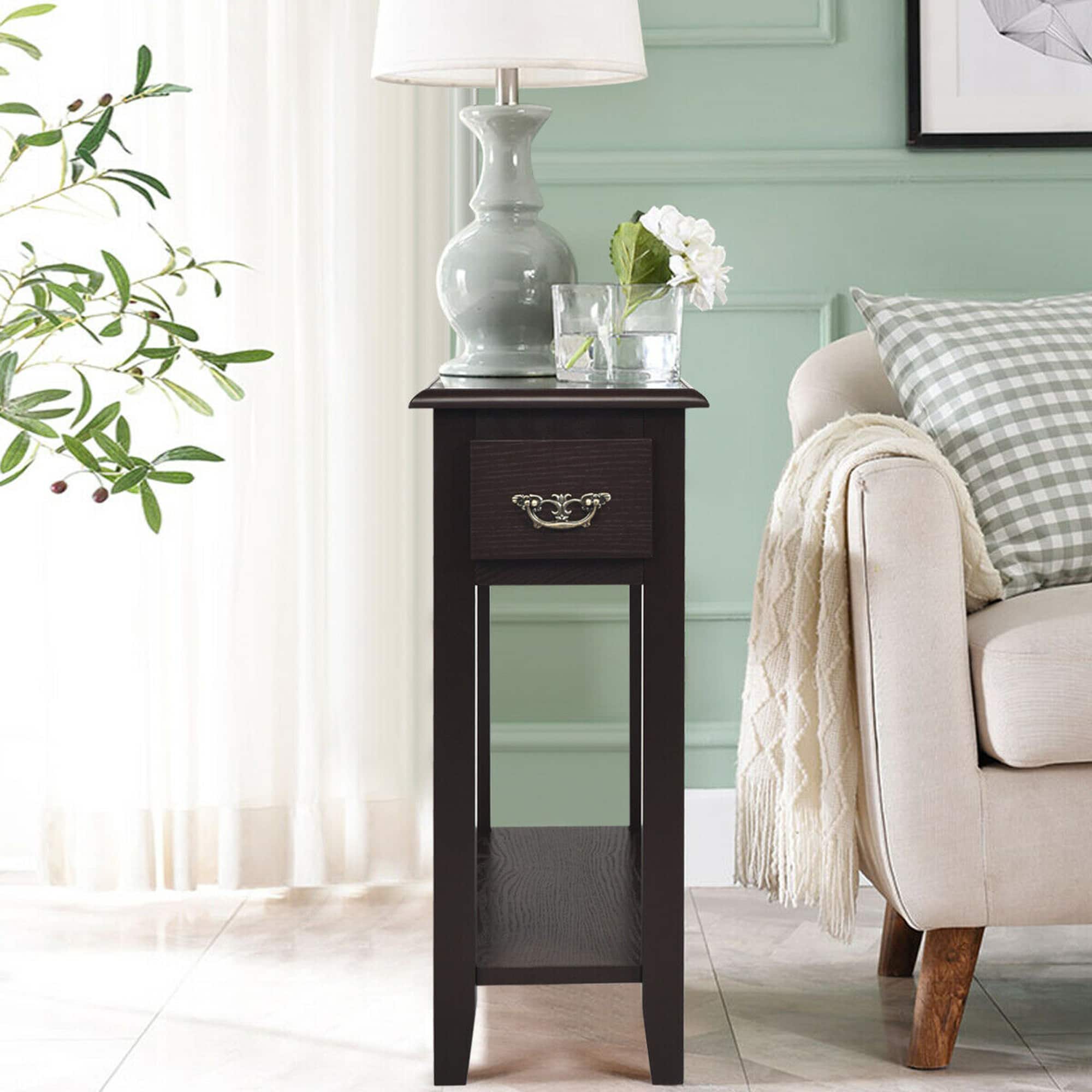 Alt View 4. Costway - Costway 2 Tier End Bedside Sofa Side Table Narrow Nightstand w/Drawer &Shelf - Espresso.