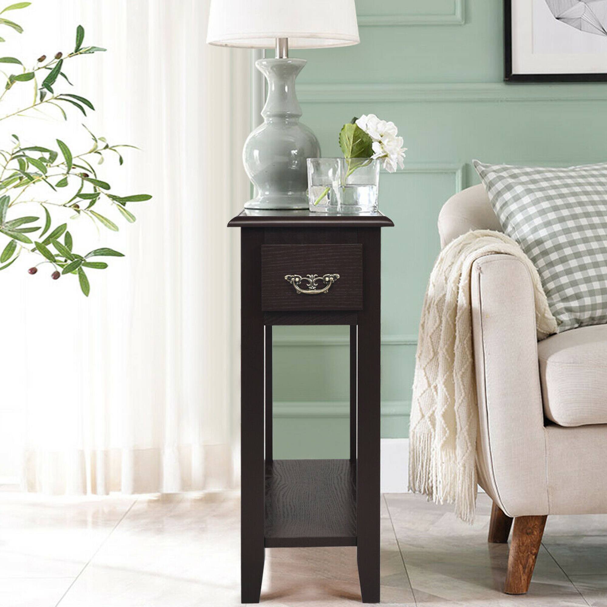 Alt View 4. Costway - Costway 2 Tier End Bedside Sofa Side Table Narrow Nightstand w/Drawer &Shelf - Espresso.